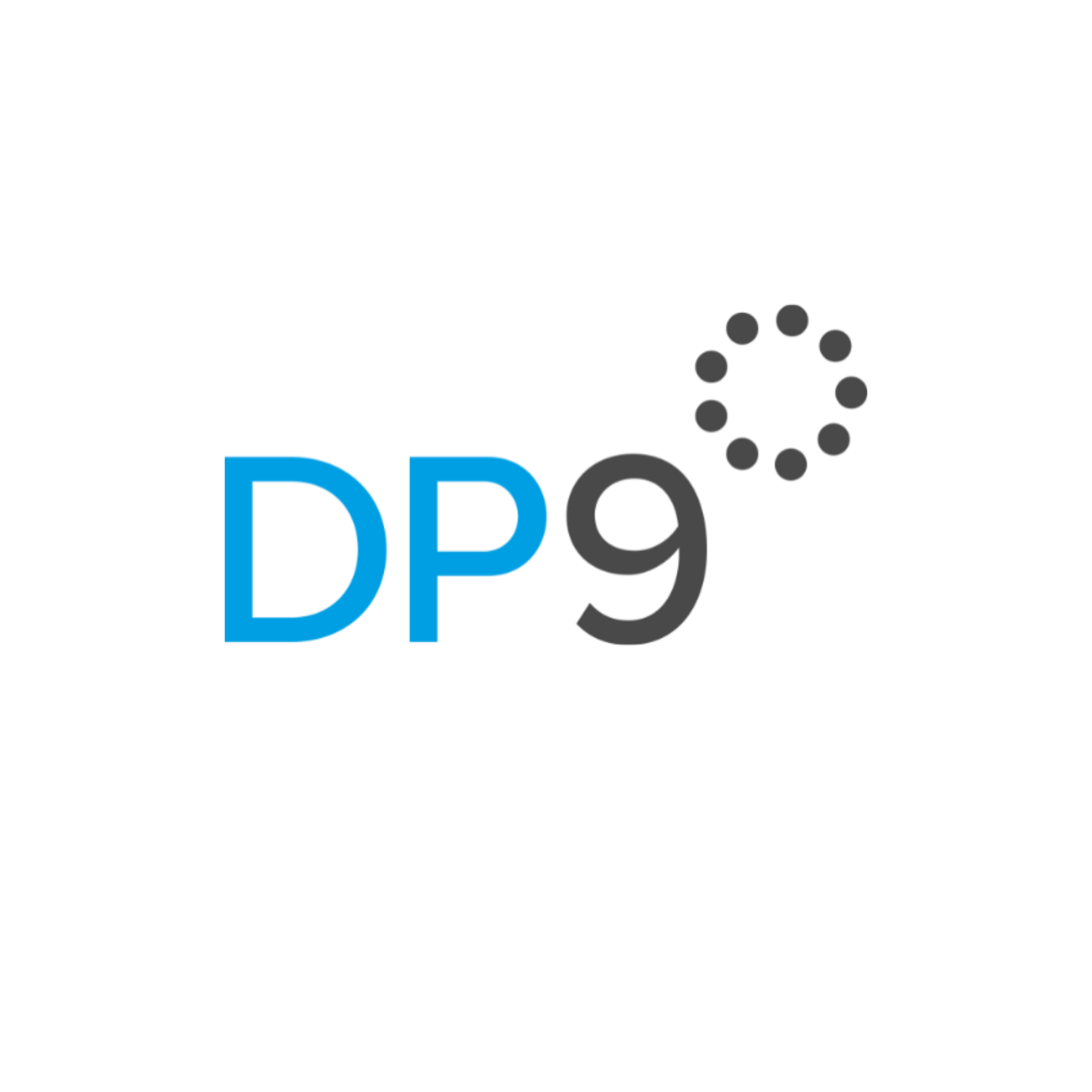 DP9 logo with blue and black text and a circular loading icon.