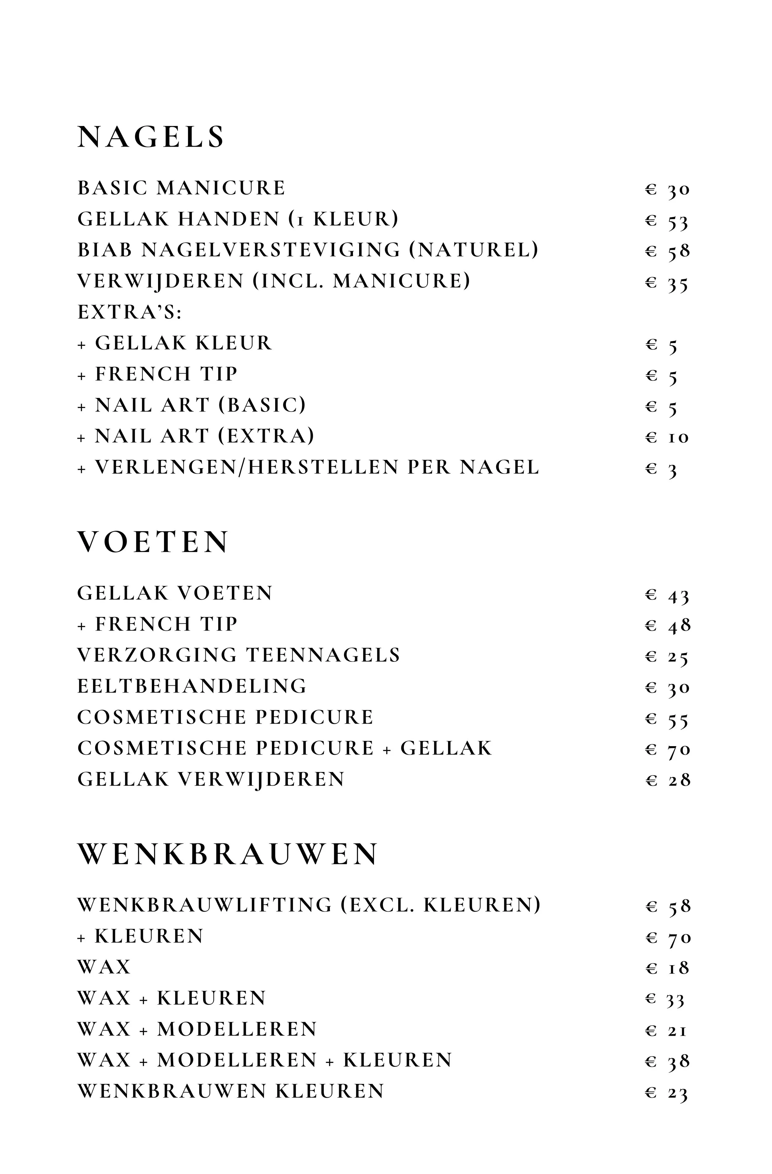 Menukaart met nagels, voeten, wimpers, wenkbrauwen en wax-behandelingen. Prijzen in euro.