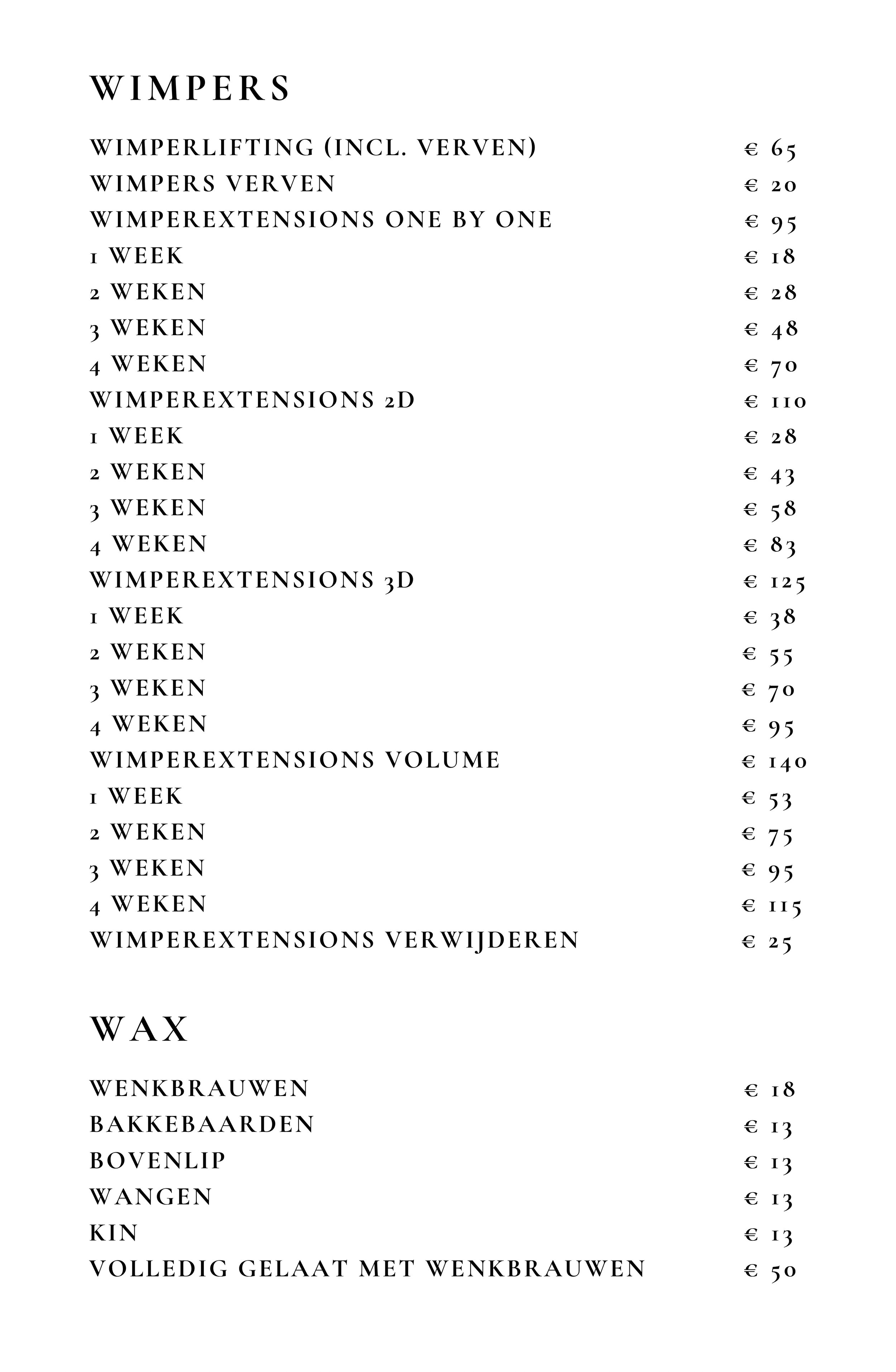 Menu met verschillende opties voor wimperverzorging en wax diensten, inclusief prijzen, in het Nederlands.
