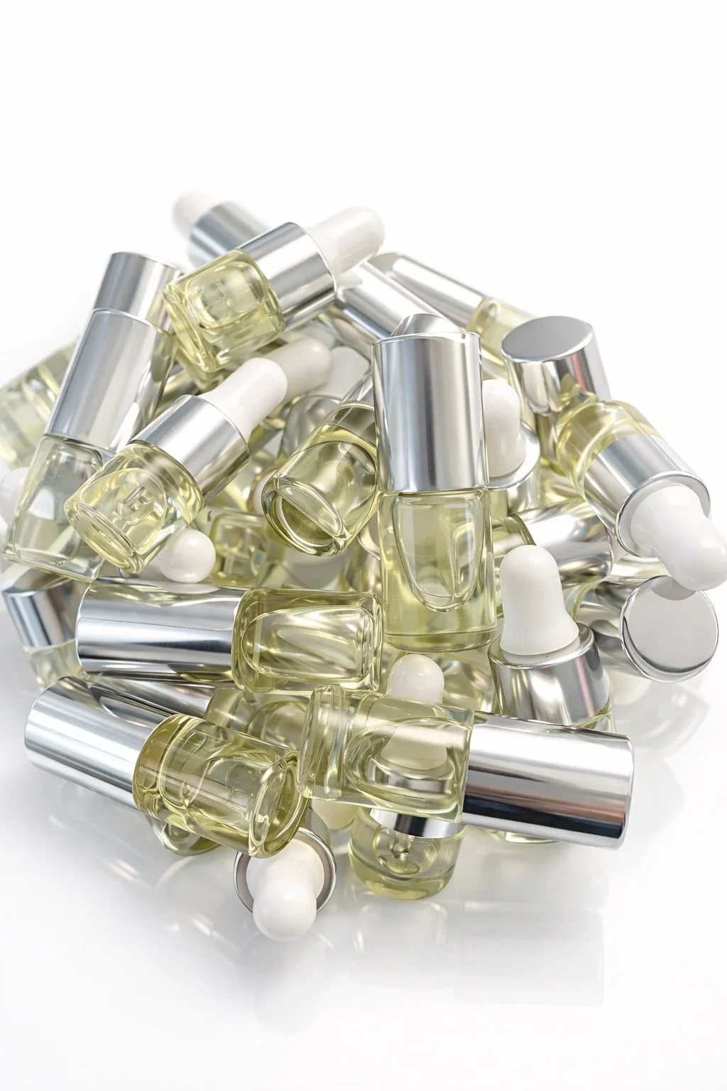 Verzameling van verschillende kleine flesjes met nagelriemolie of cosmetische olie en witte rollerflesjes.