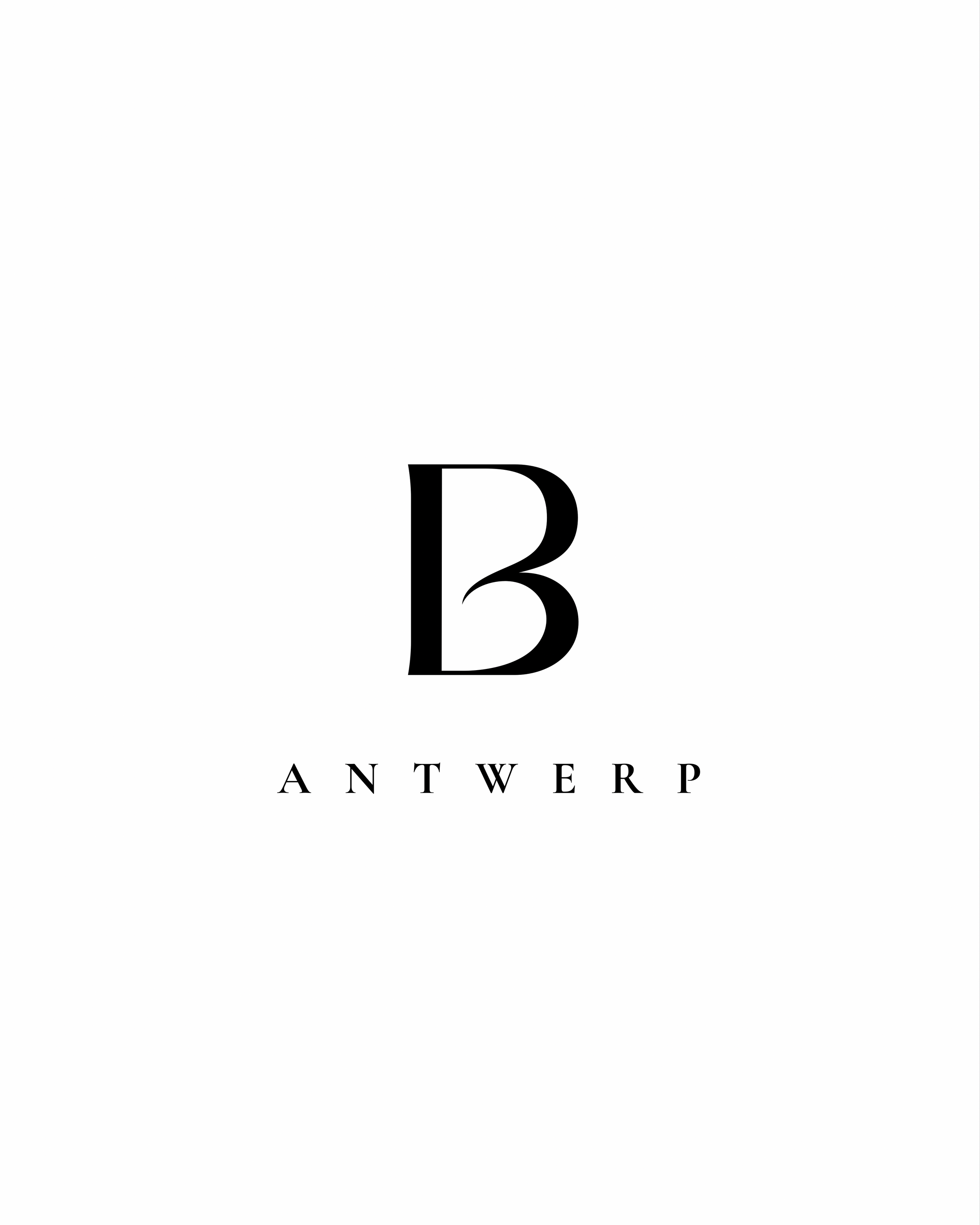 Wit; minimale tekst met grote zwarte letter 'B'; ondertitel: 'ANTWERP' in kleine zwarte letters. beaulie antwerp logo