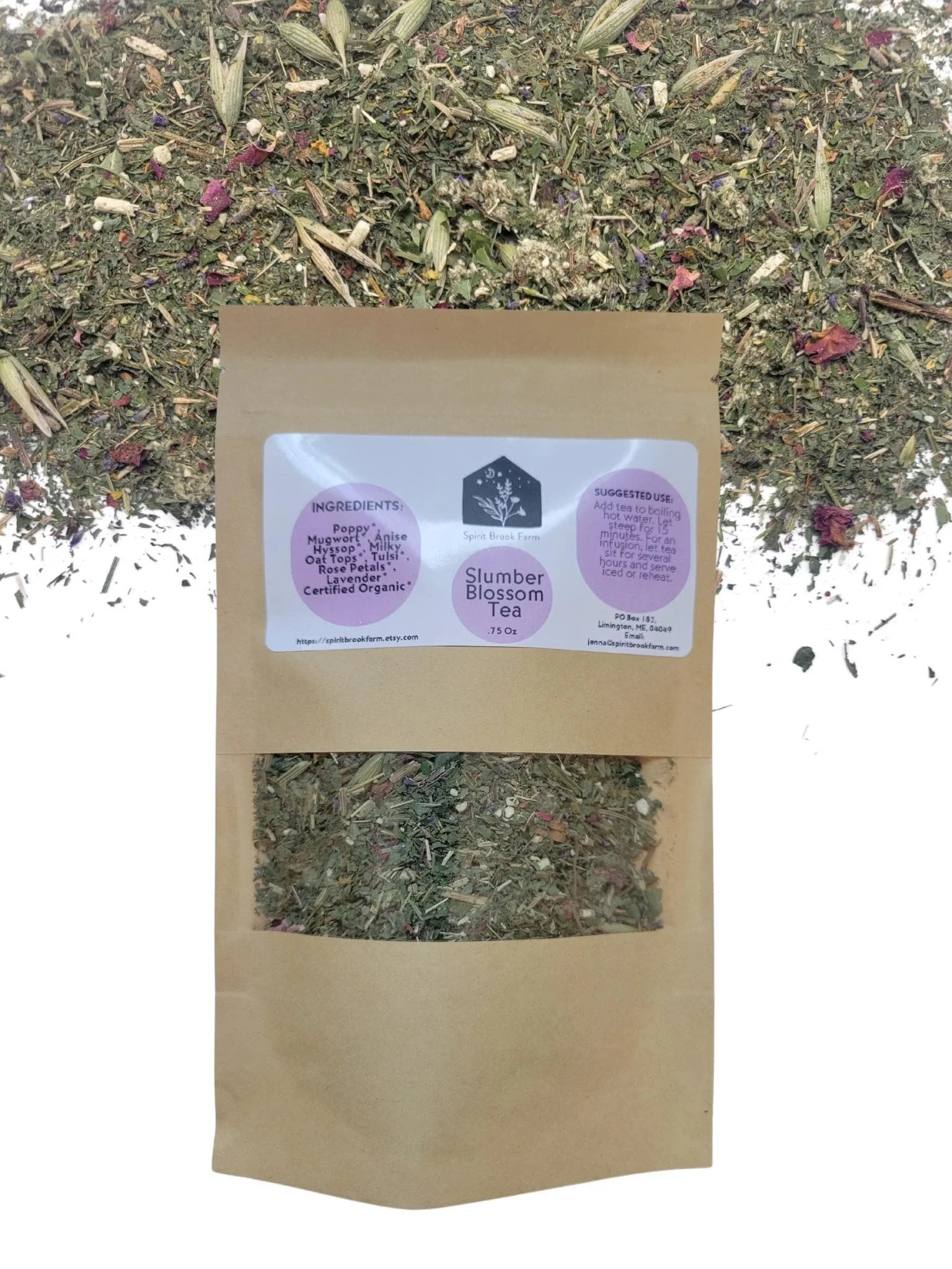 slumber blossom tea .75 oz in front of herbal background