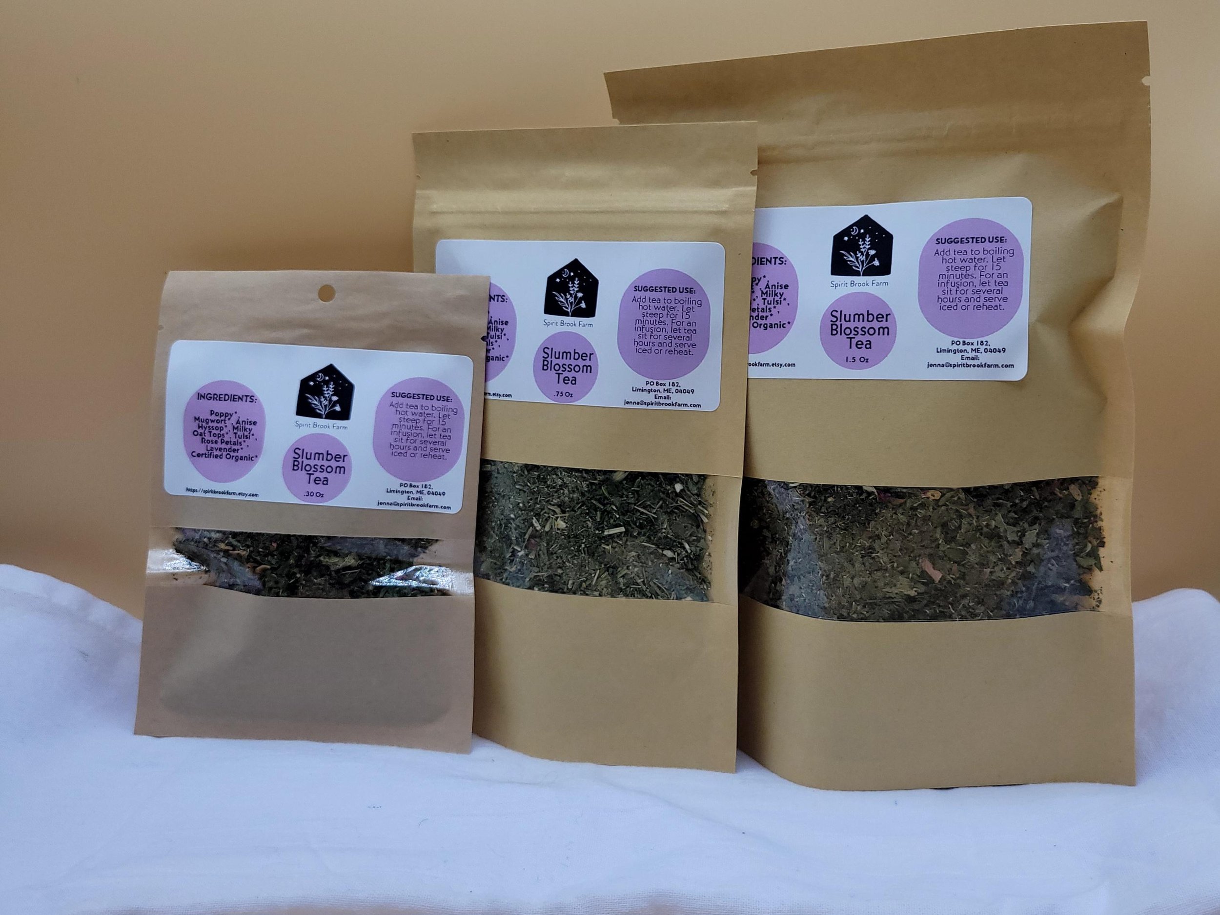 slumber blossom tea in 3 sizes, .25 oz, .75 oz and 1.5 oz