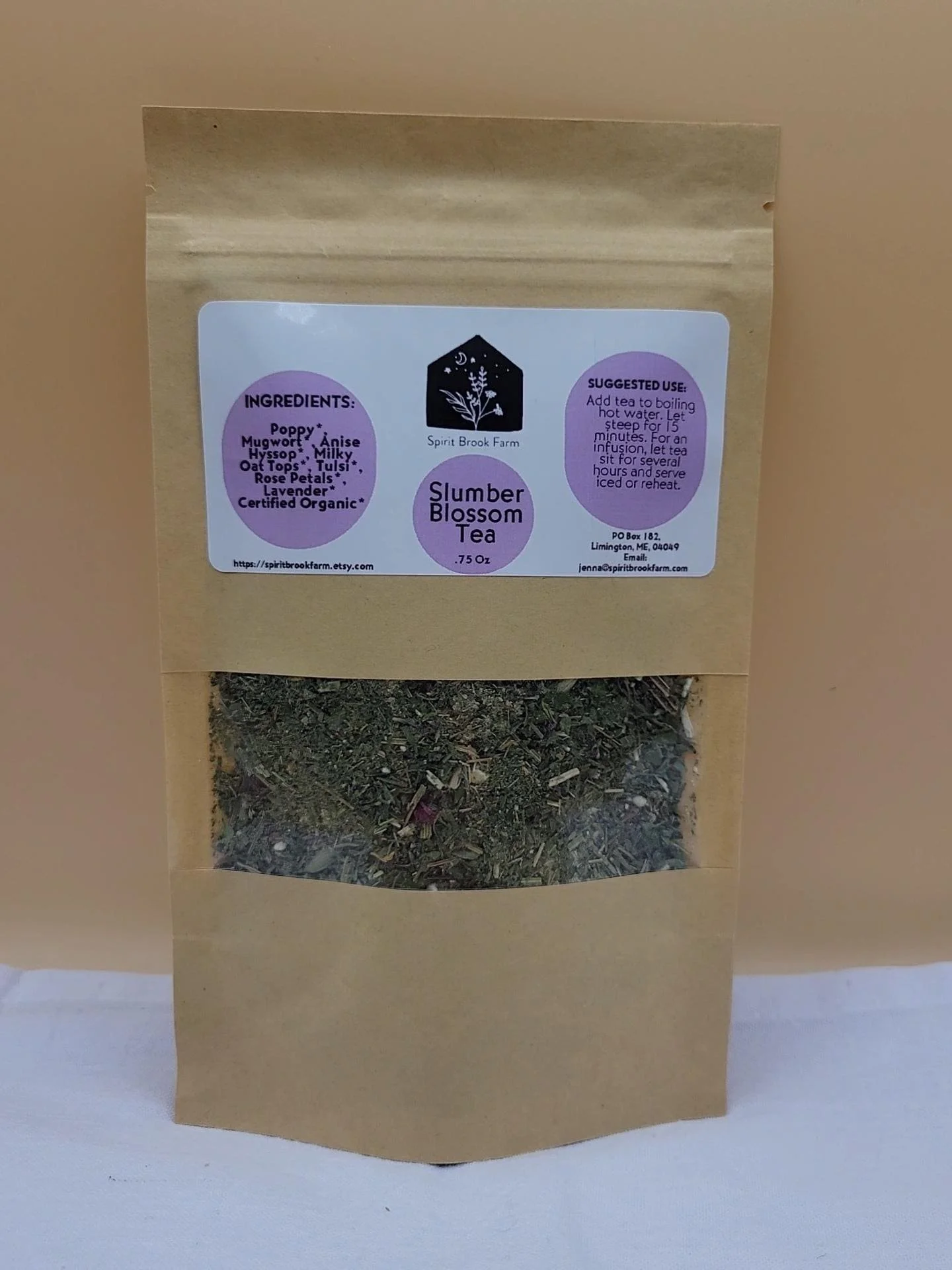 Slumber blossom tea .75 oz in front of brown background