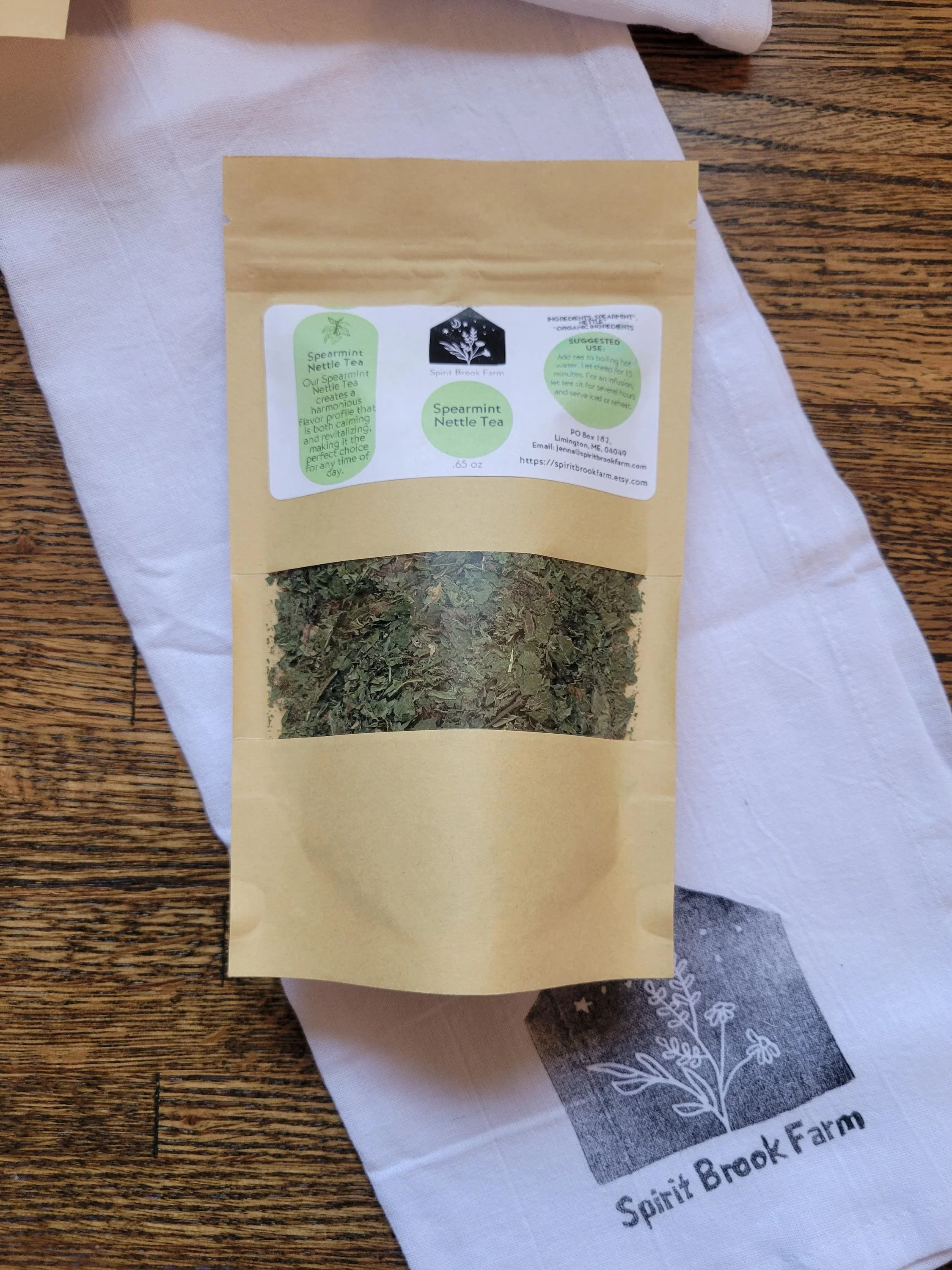 spearmint nettle tea in .75 oz bag on cloth
