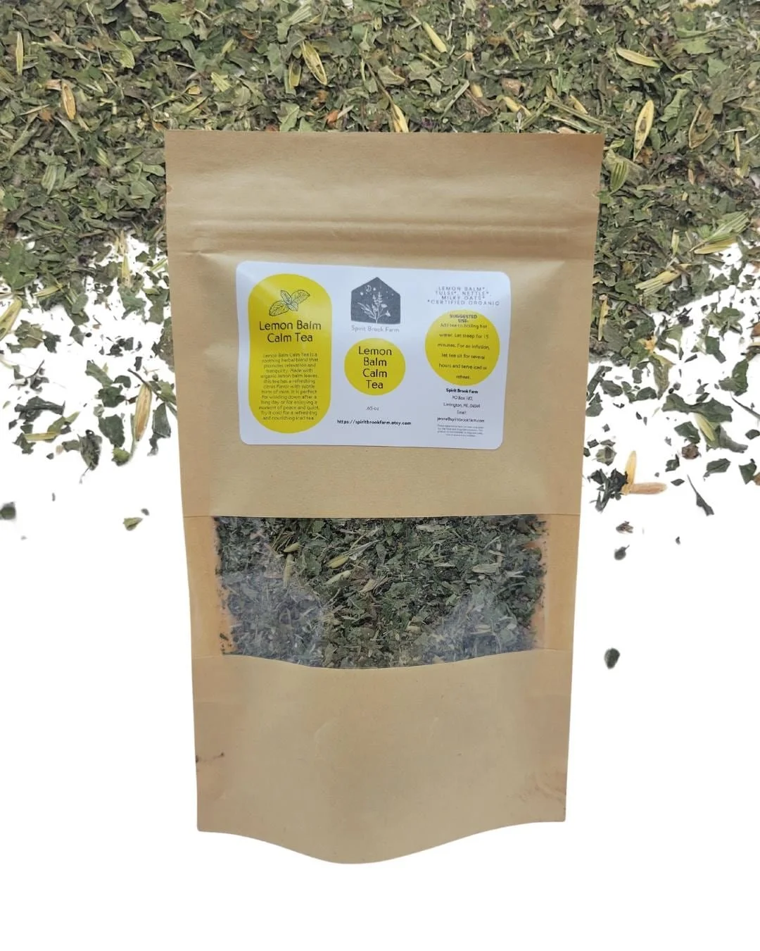 lemon balm tea in front of herbal loose leaf tea background