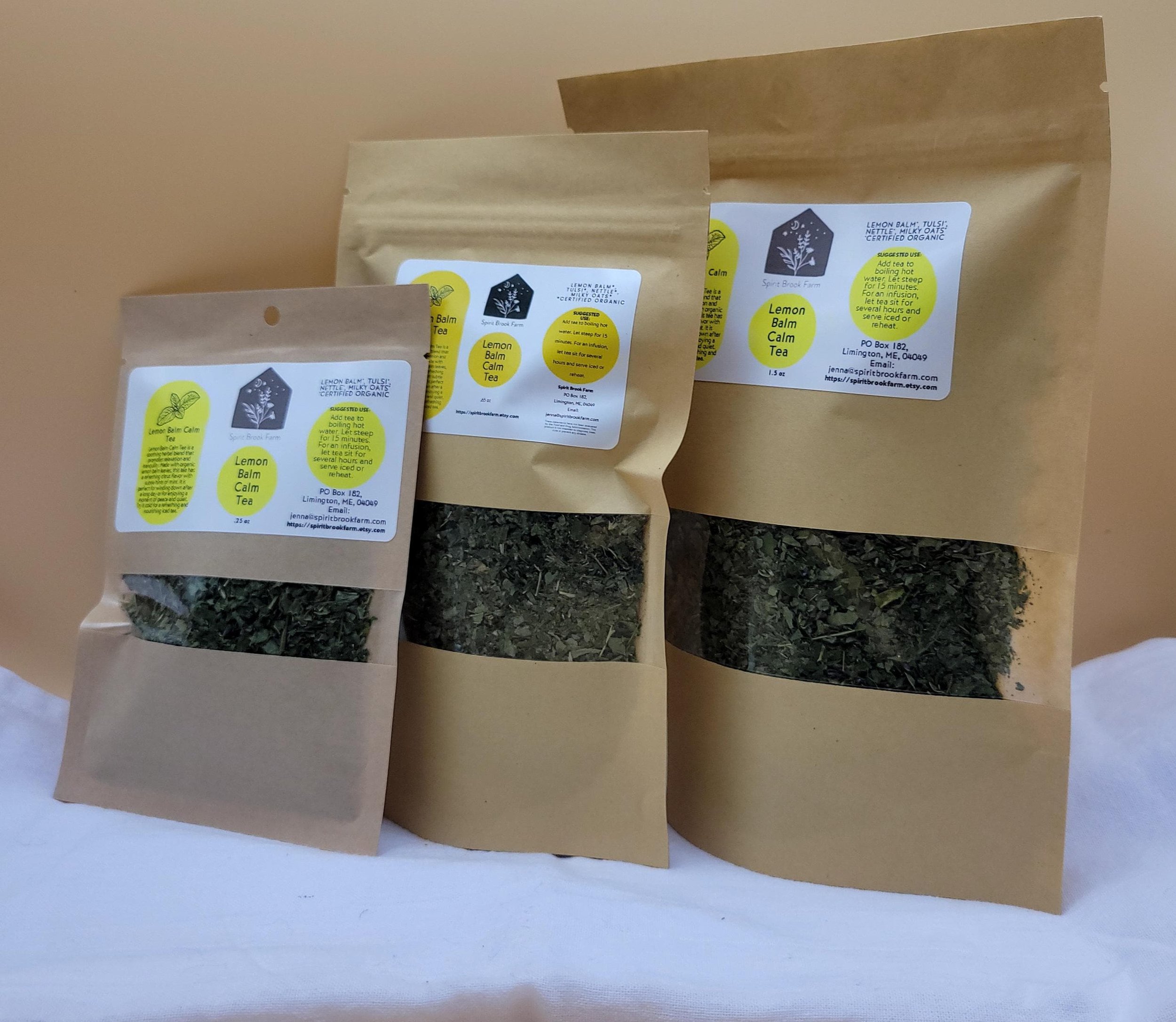 lemon balm tea in 3 sizes, .25 oz, .75 oz and 1.5 oz