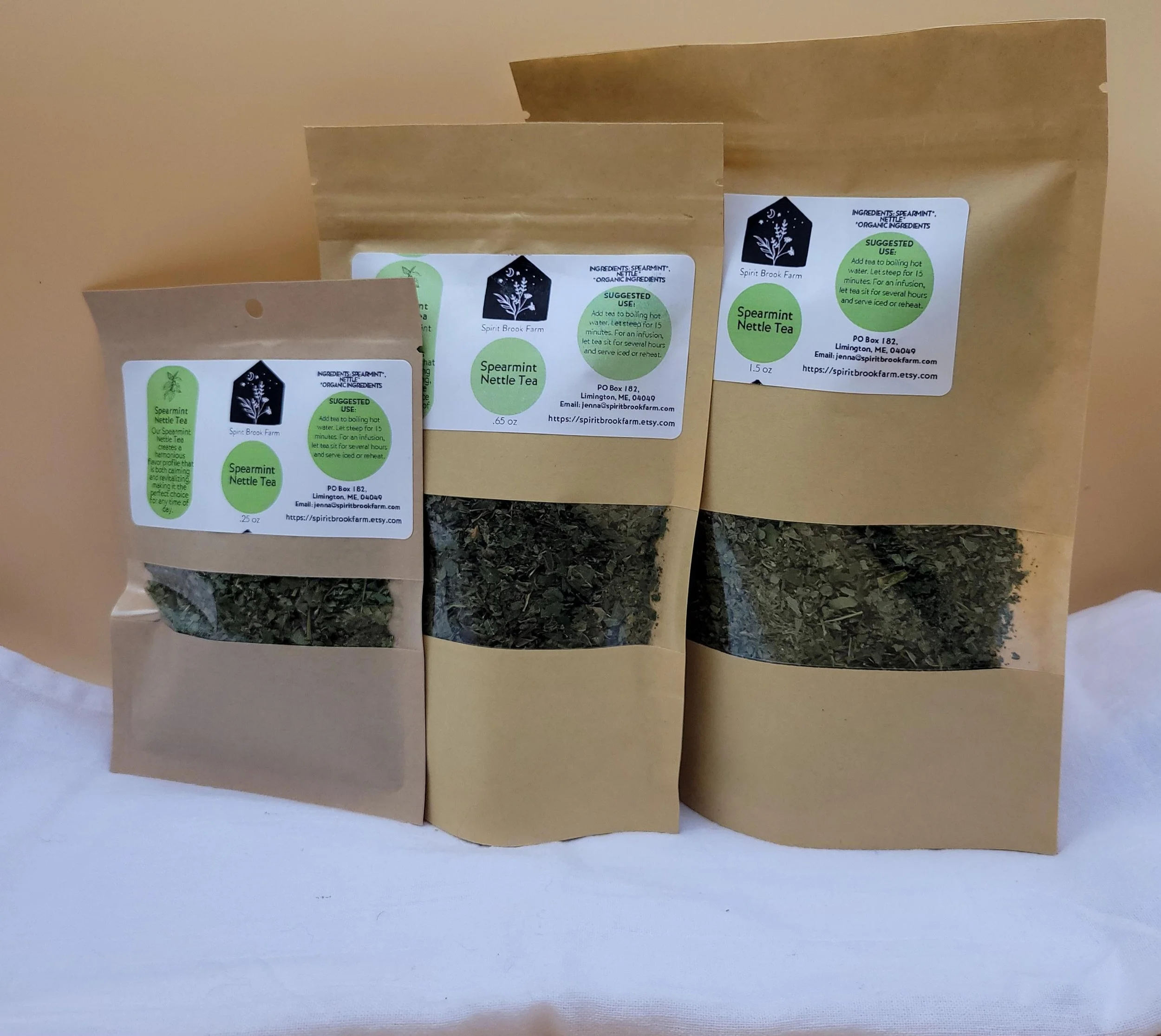 spearmint nettle tea in 3 sizes, .25 oz bag, .75 oz bag and 1.5 oz bag