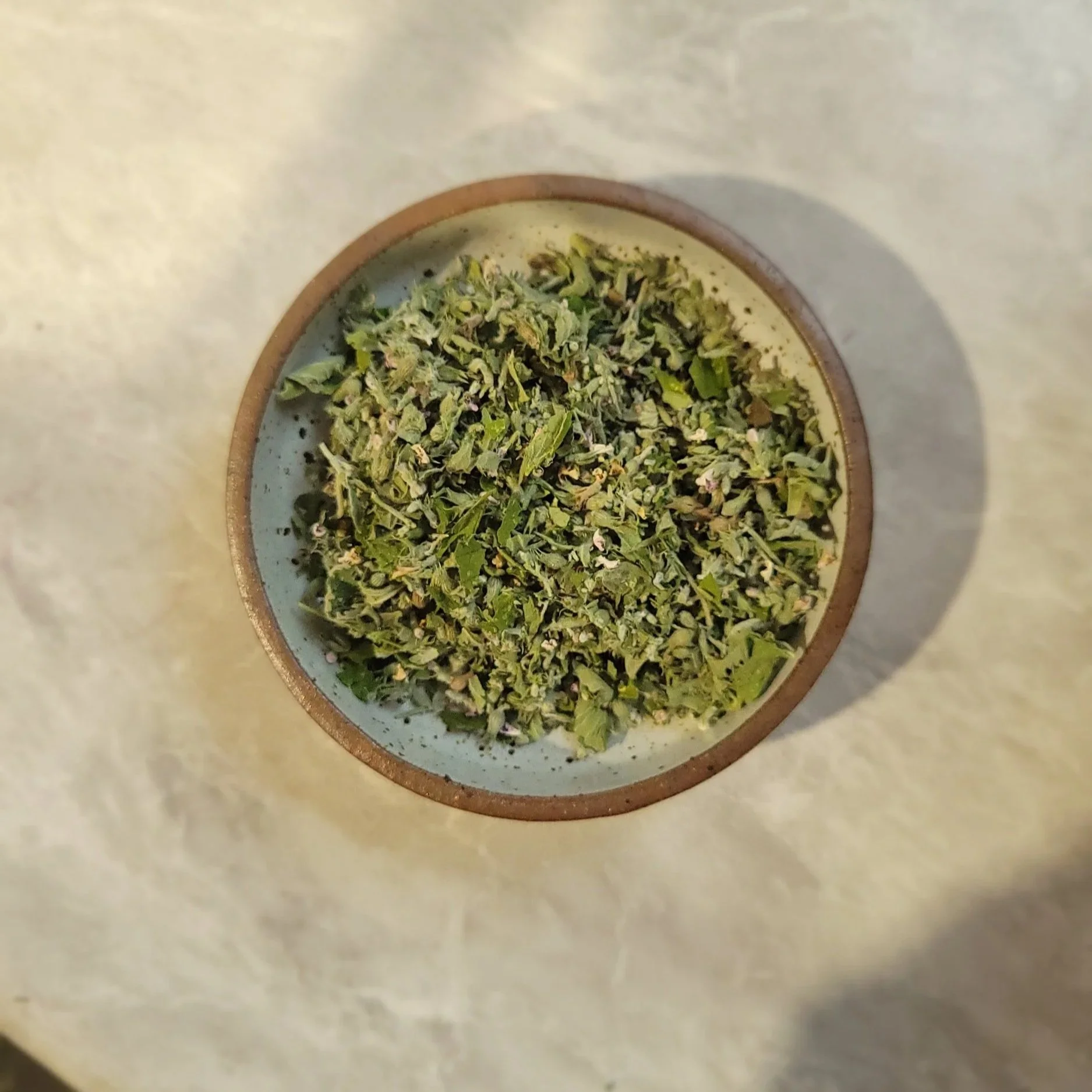close up of catnip herb in small bowl