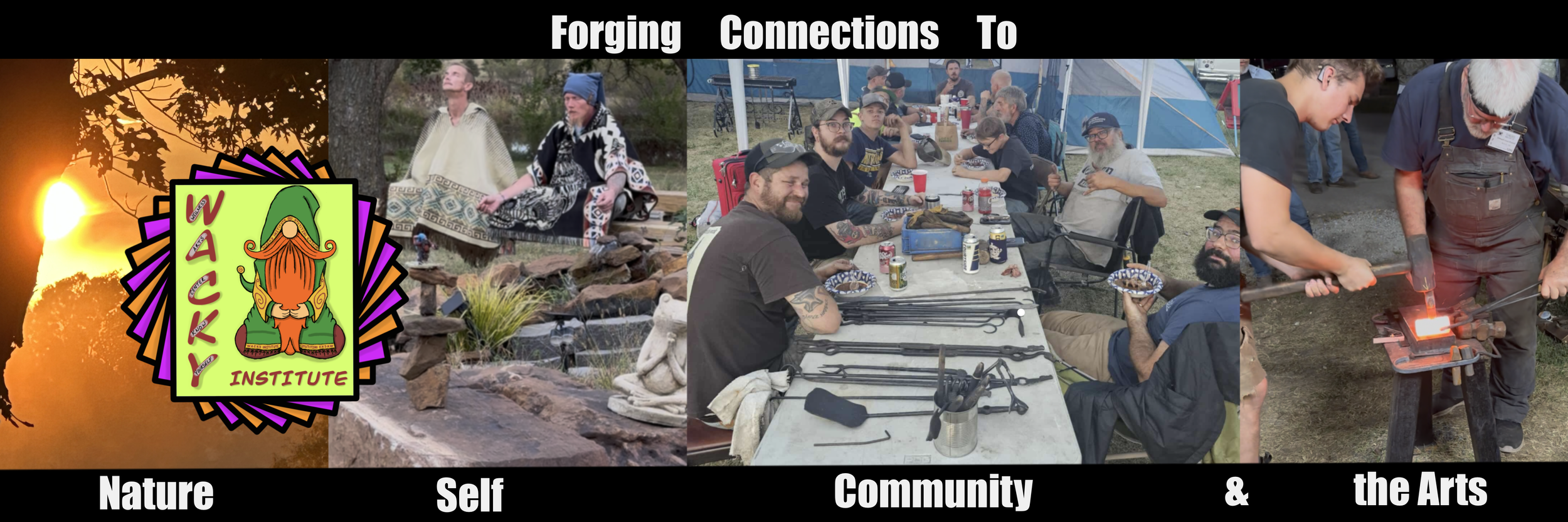 A collage of photos with the words "Forging Connections To Nature Self Community & the Arts" and a colorful logo of a gnome with a beard, hat, and an orange mustache, sitting cross-legged with hands on knees, surrounded by a stylized sun and leaves.