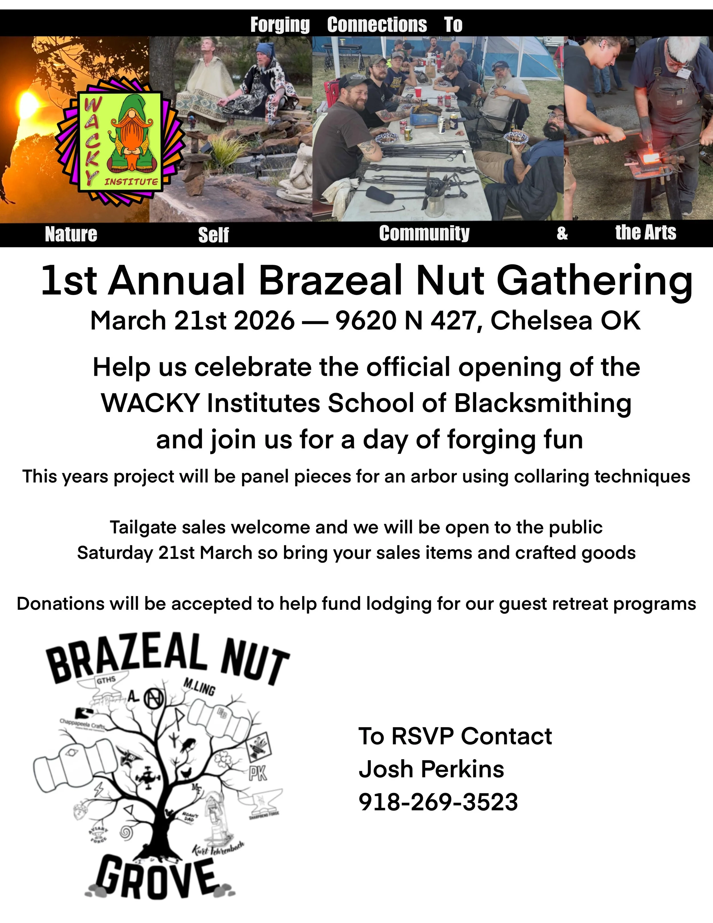 Flyer for the 1st Annual Brazeal Nut Gathering on March 21, 2026, at 9620 N 427, Chelsea, OK. Features a collage of images showing blacksmithing, community gathering, and nature, with the WACKY Institute logo, event details, a carved nut tree graphic, and contact information for RSVP.