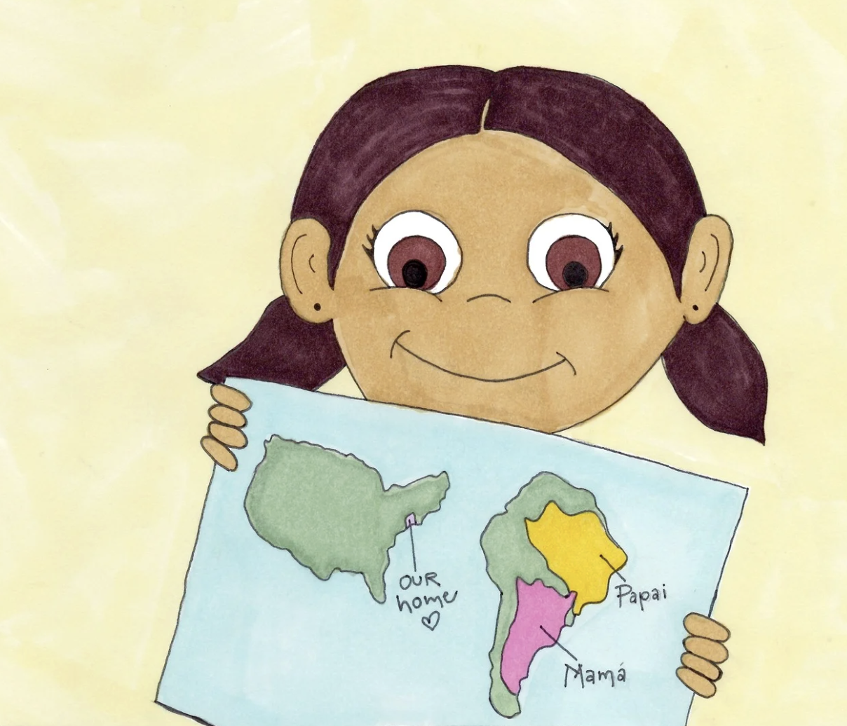 Sofia & The Magic Piggy Bank - Sofia holding a map showing Argentina, Brasil, and Boston.