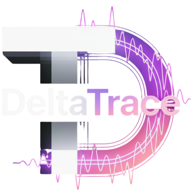 A stylized logo with the words 'Delta Trace' in a modern font, featuring colorful neon-like lines and a large 'D' with electronic wave patterns in the background.