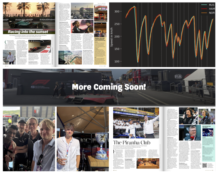 A collage of images related to auto racing, including magazine pages, race cars, a speed versus time graph, a team garage, a group of people at a racing event, a person holding a trophy, and a race car driver celebrating.