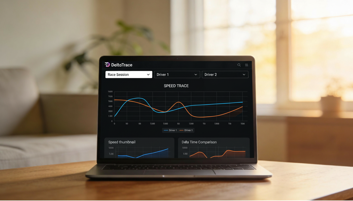 A laptop on a wooden table displaying data charts with a blurred window in the background.