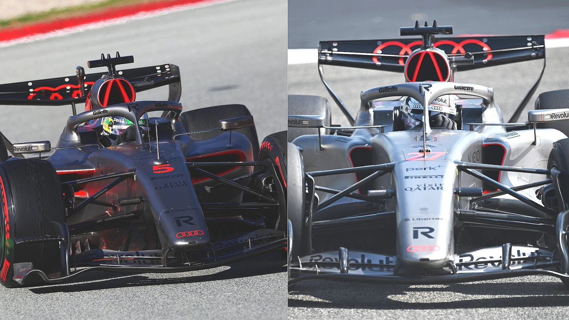 Side by side comparison of the Audi R26's sidepod design from Barcelona to Bahrain
