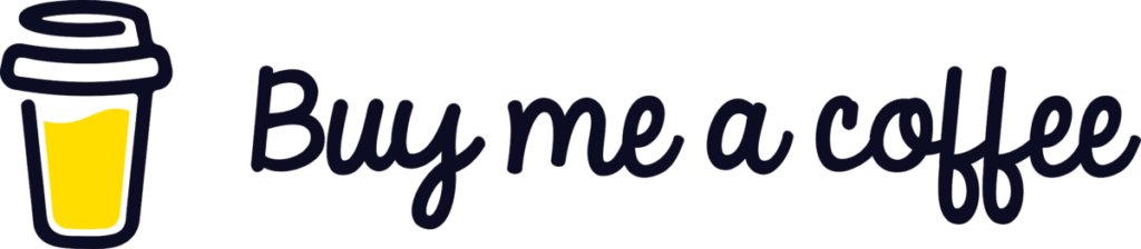 Illustration of a to-go coffee cup with a yellow beverage, next to the text "Buy me a coffee" in purple.