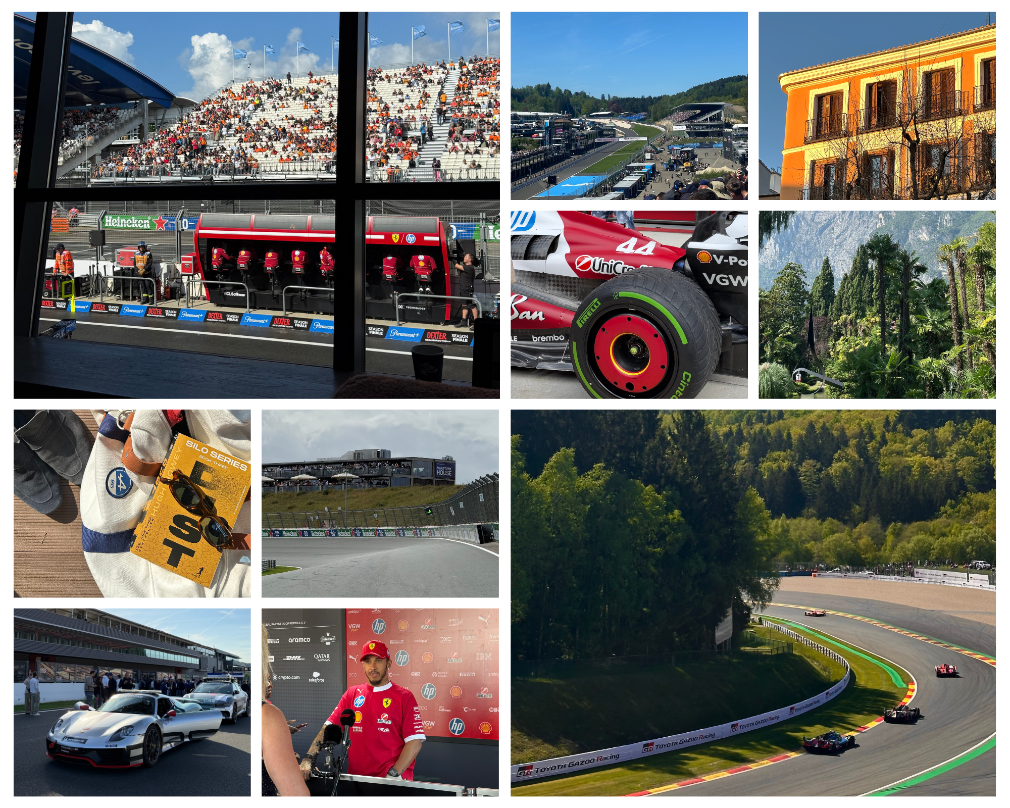Collage of images from a Formula 1 race event, including a view of the race track from the pit lane, race cars on the track, team personnel, driver interviews, and spectators at the race.