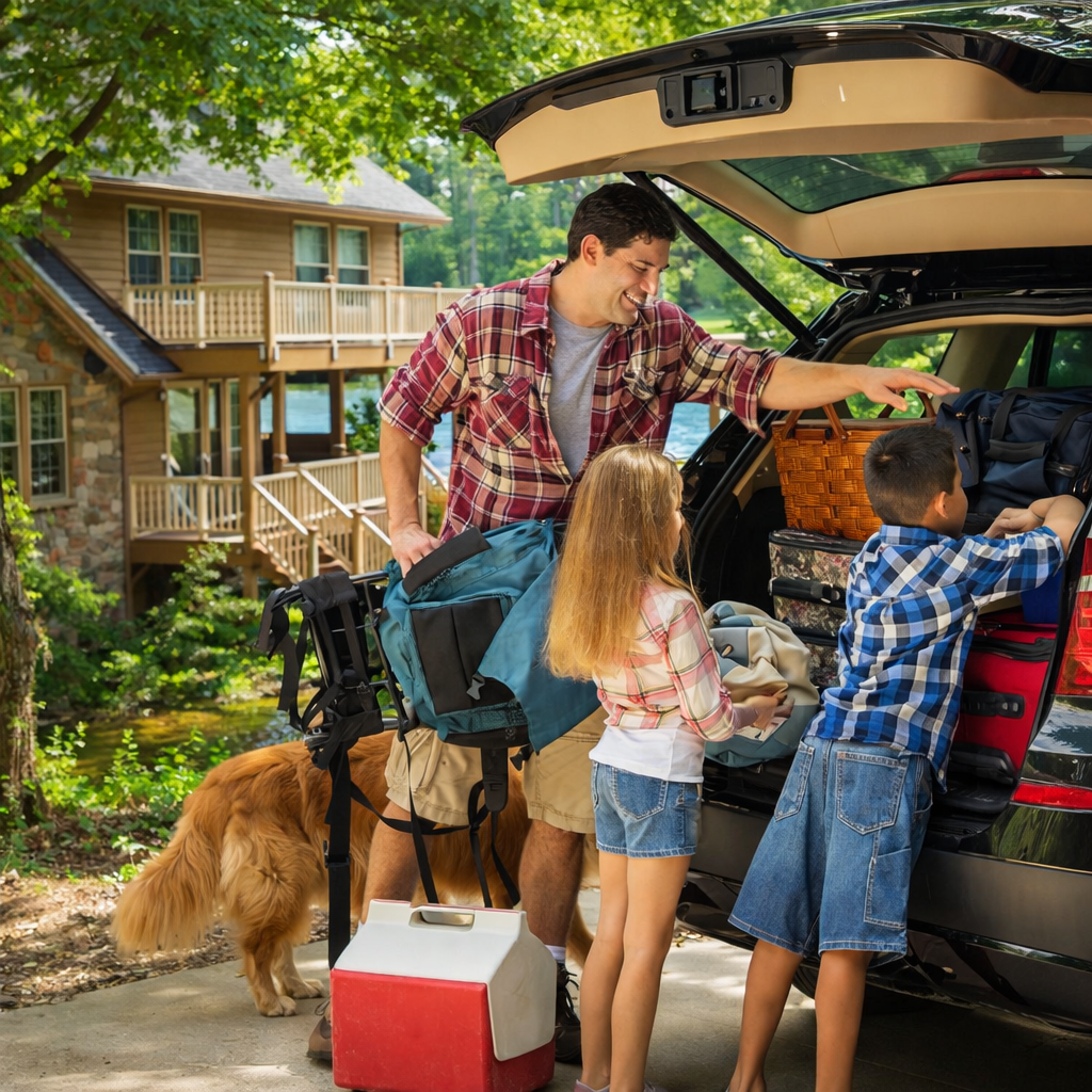 A man and two children loading a trunk filled with bags, a cooler, and outdoor gear into a car parked near a house by a lake. A dog stands nearby, and trees are in the background.