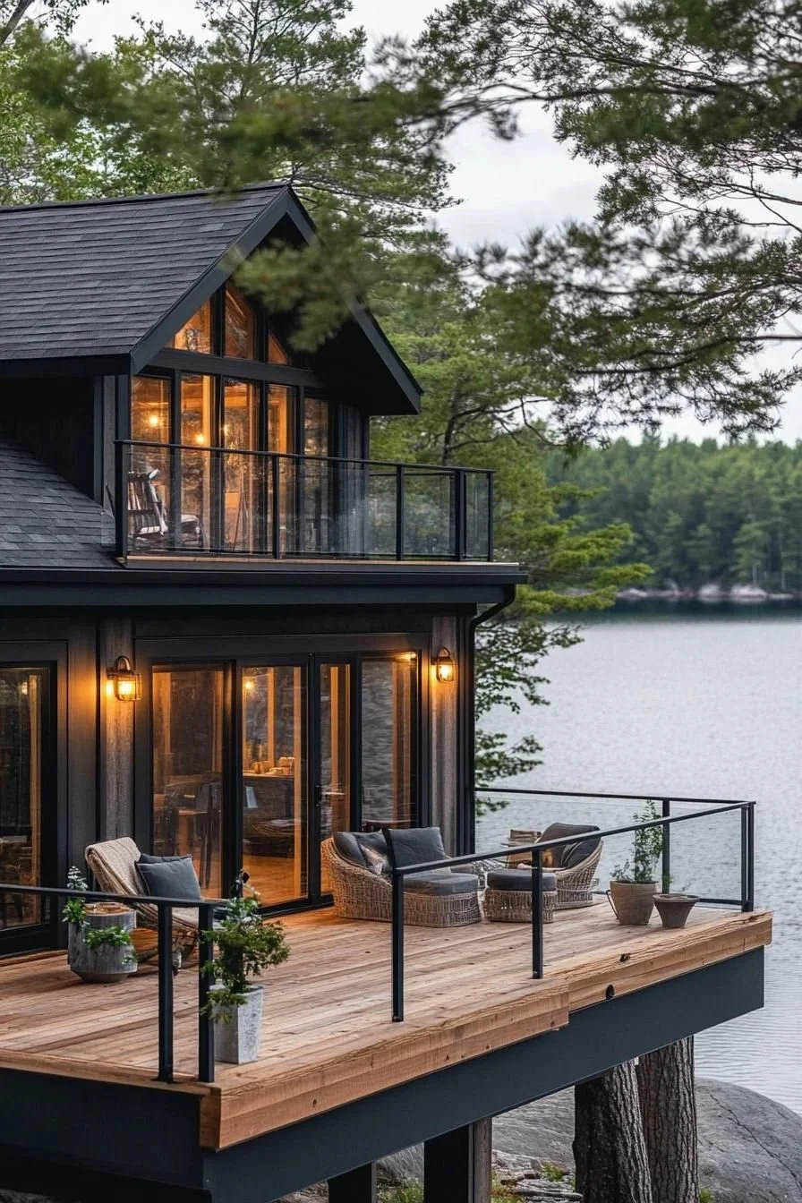 A modern lakeside house with large glass windows and a wooden deck, surrounded by trees, overlooking a calm lake during evening.