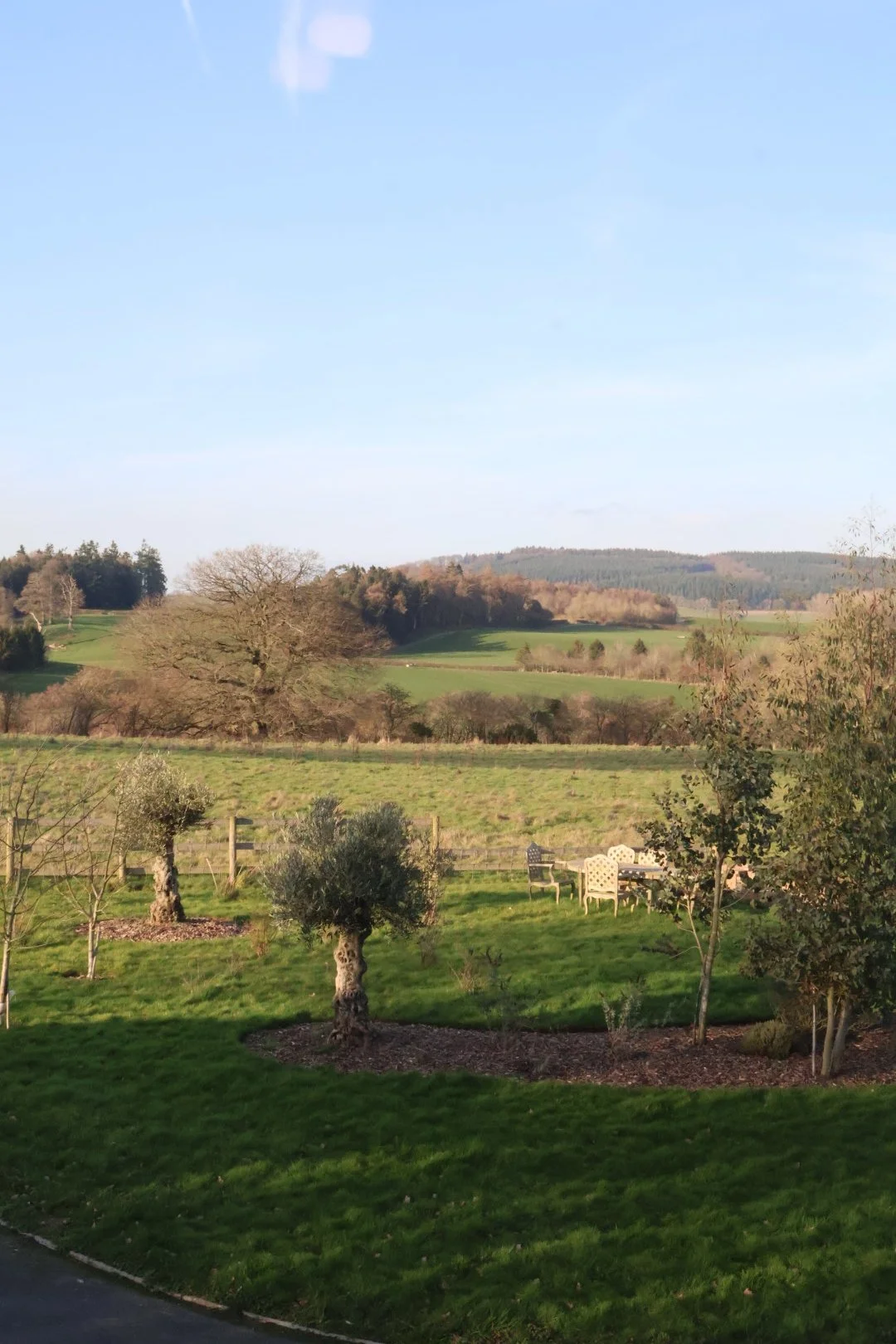 A lush green garden with small trees and a stone patio table and chairs, set against rolling hills and a clear blue sky.