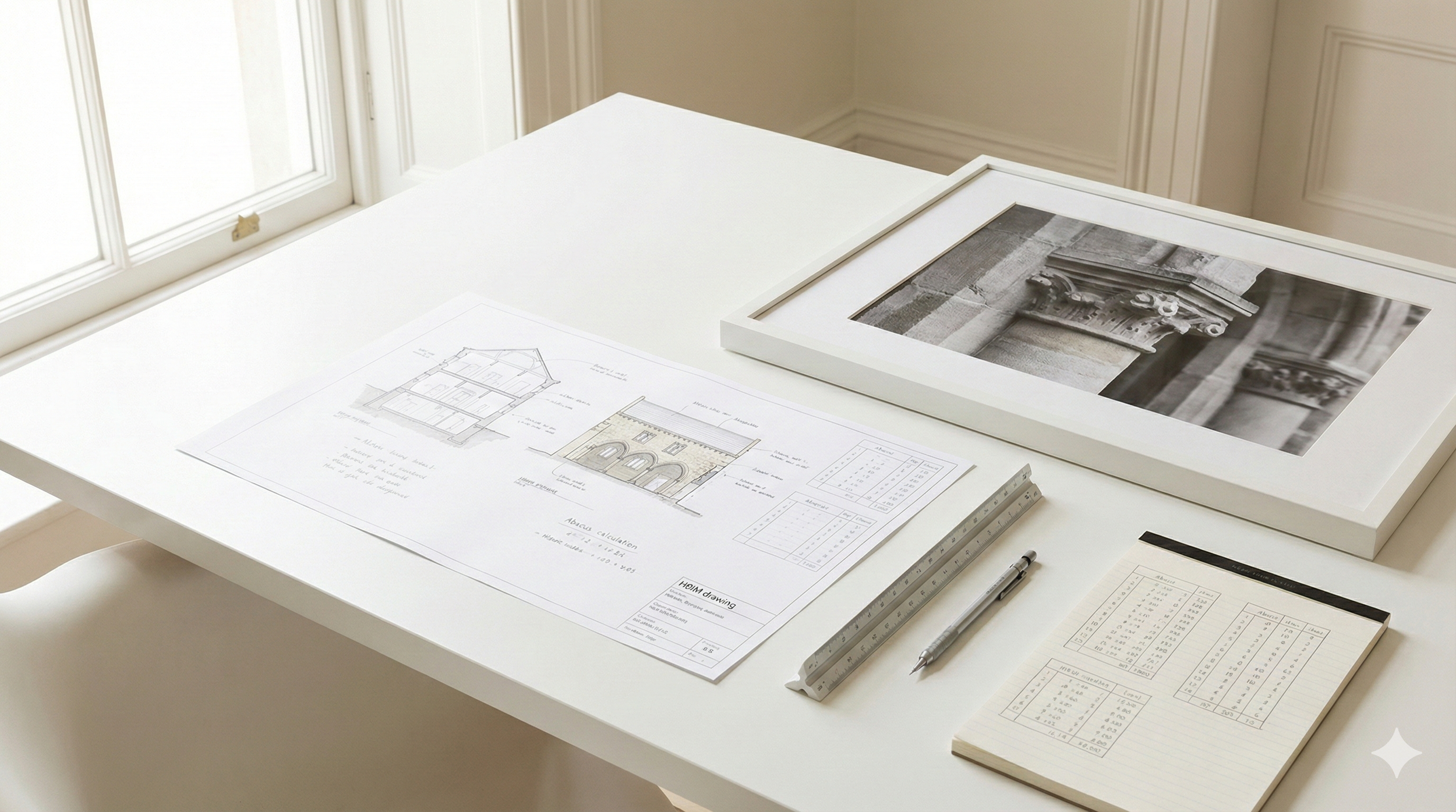 Tavolo bianco con disegni architettonici, una fotografia in un telaio, un riga, una penna e un quaderno con tabelle numeriche, vicino a una finestra con vetri.