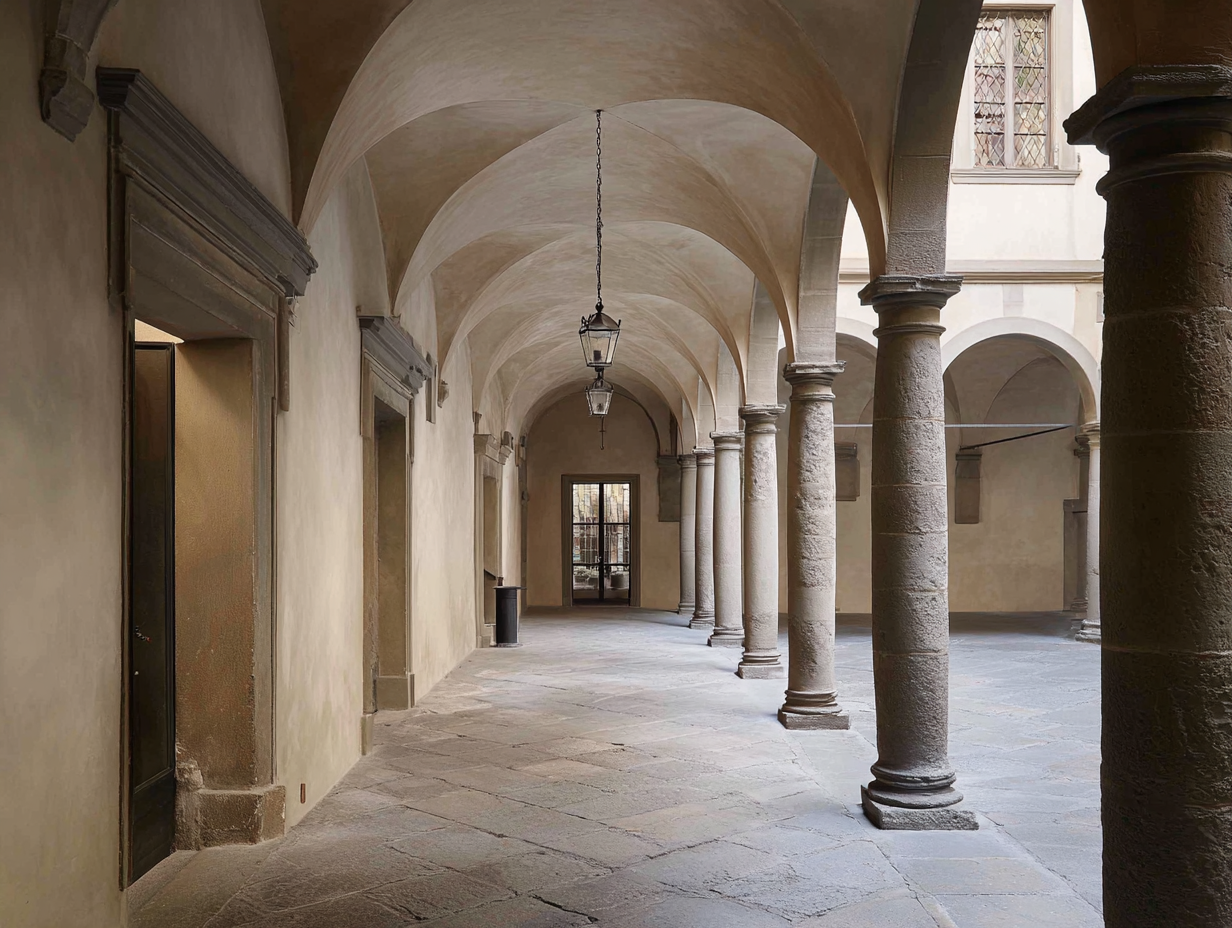 Corridoio porticato con archi e colonne in pietra, luci pendenti e porta in fondo.