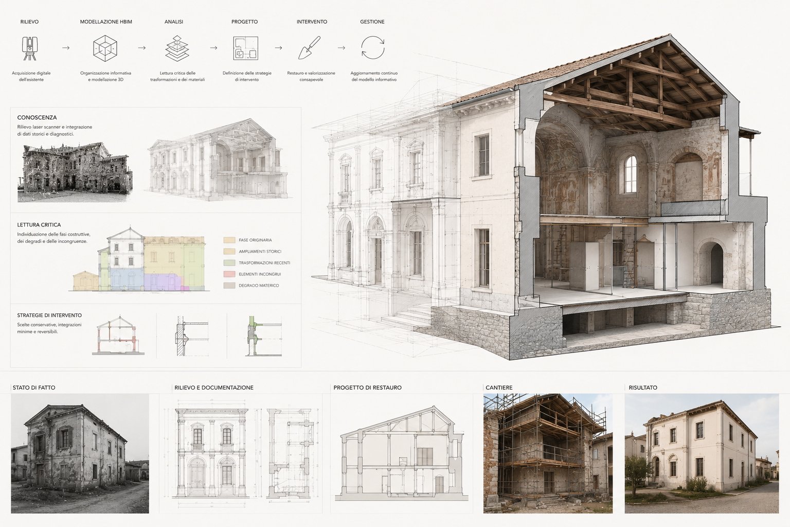 Dal rilievo alla conservazione: il restauro digitale mette in relazione conoscenza, lettura critica, progetto e cantiere, trasformando il modello informativo in una memoria viva dell’edificio.