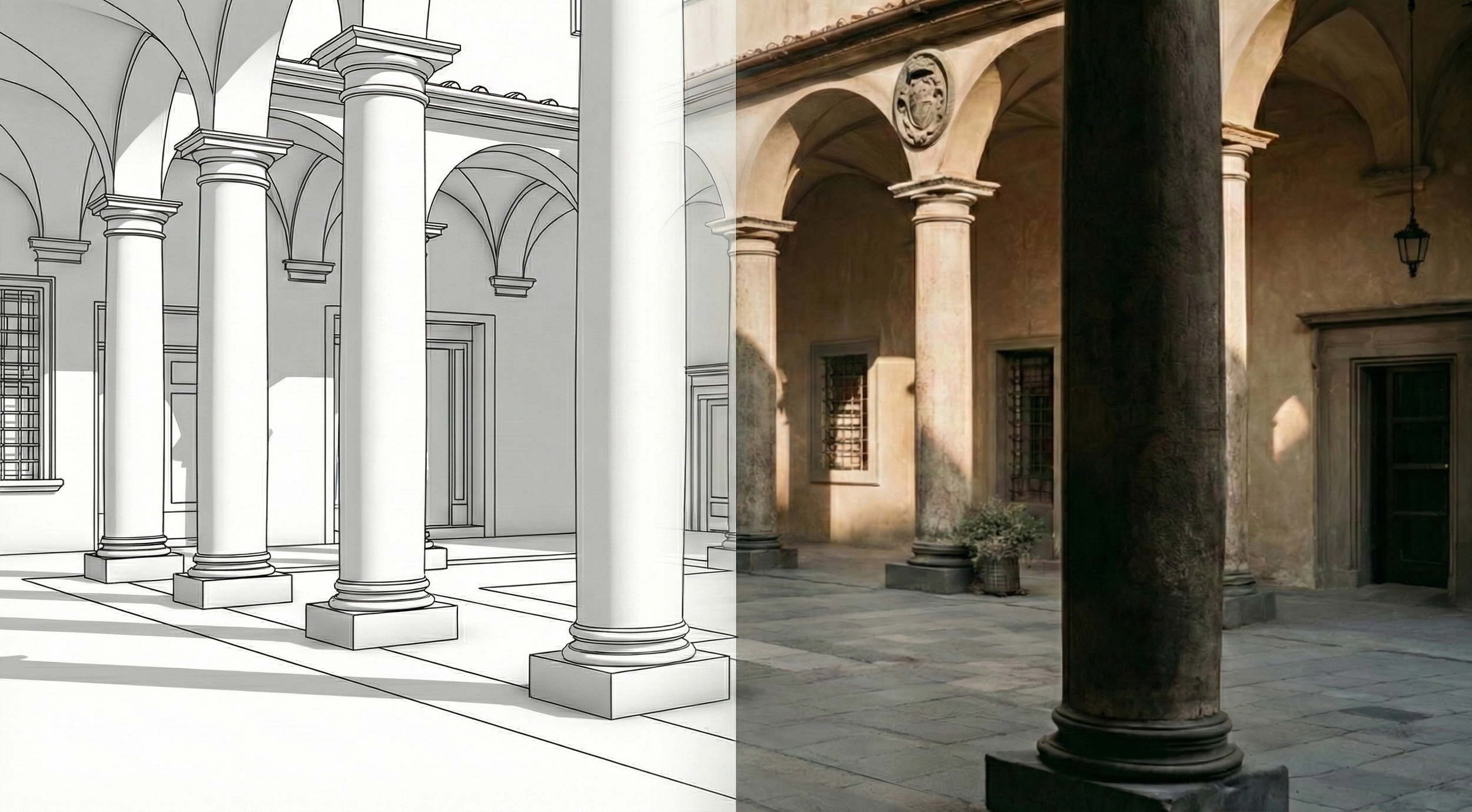 Immagine che mostra un confronto tra un disegno tecnico di un'architettura con colonne e un'illustrazione fotografica dello stesso spazio con colonne in pietra, pareti beige, e finestre con inferriate.