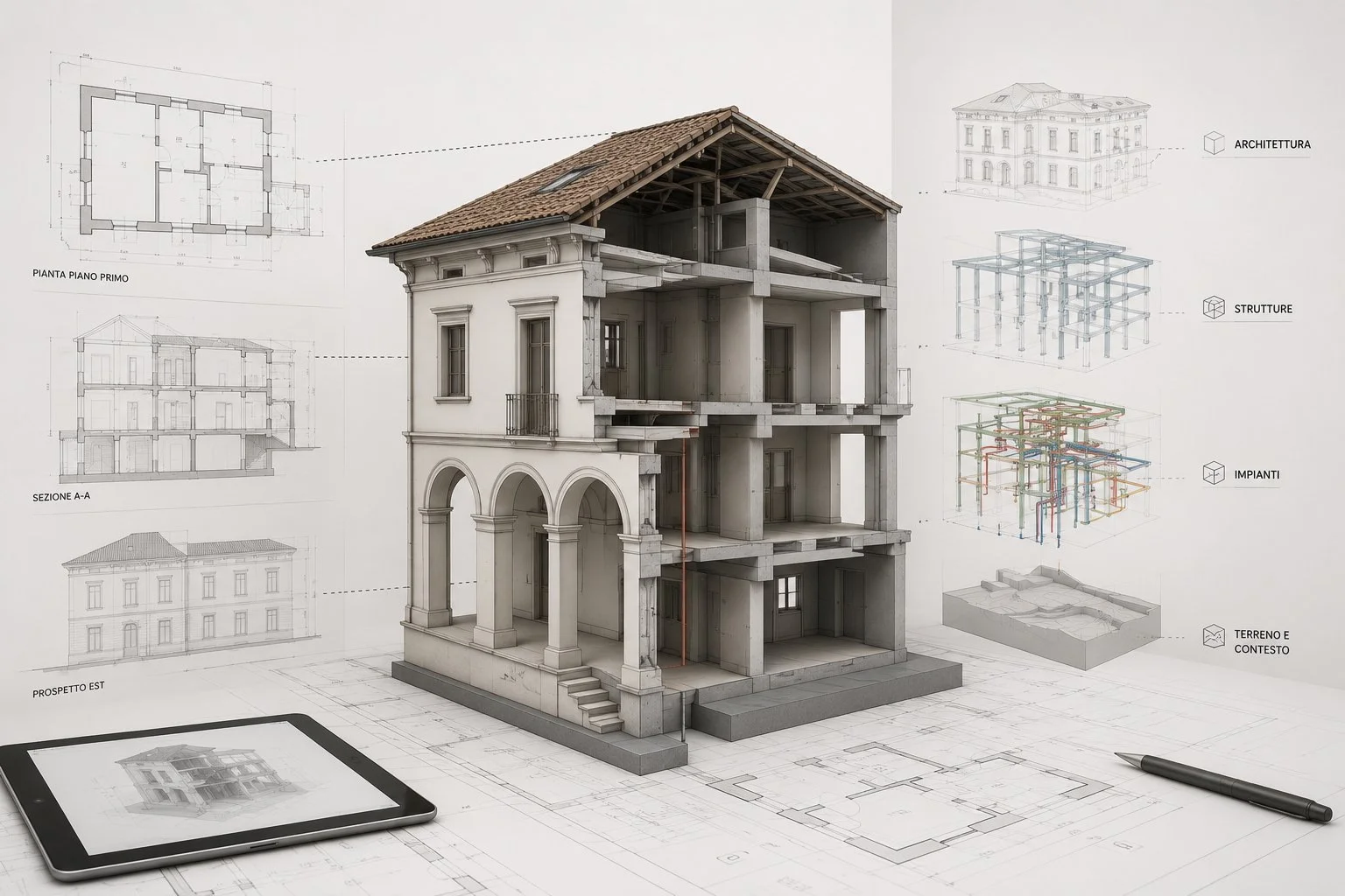 Immagine di palazzo 3d modellato in revit con varie discipline separate in architettonico, impianti, strutturale e terreno. Si vedono anche tutte le possibili informazioni per le tavole estrapolabili dal modello.