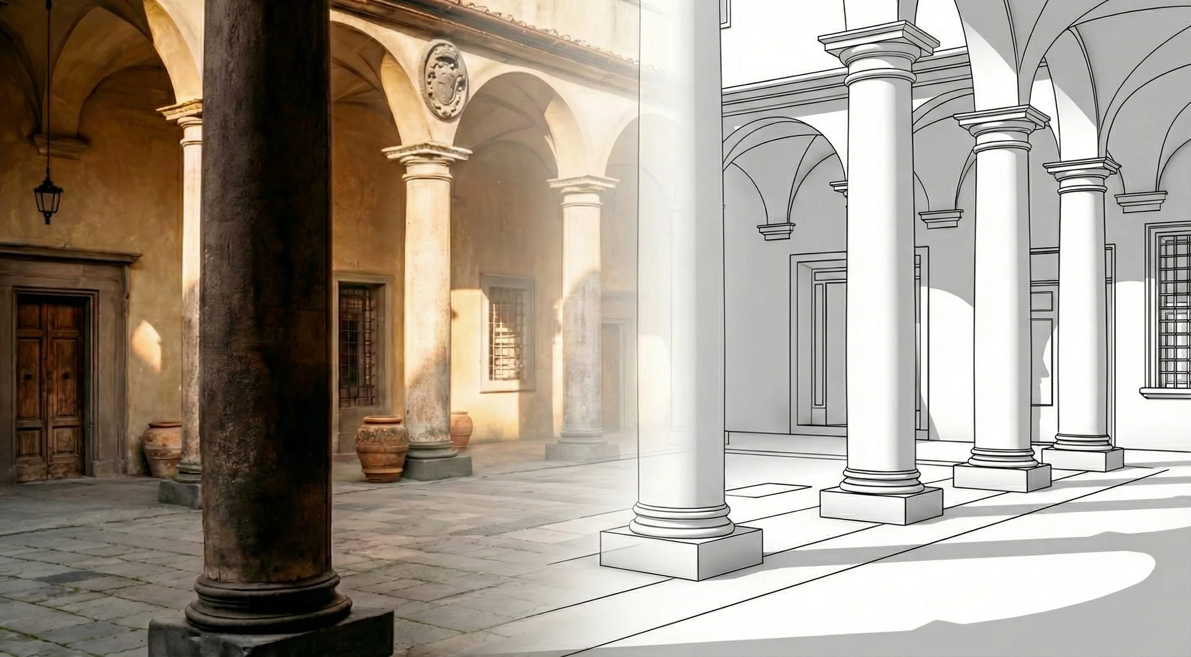 Immagine divisa in due parti: a sinistra, una fotografia di un cortile con colonne in pietra, pareti beige, finestre con grate di ferro e vasi di terracotta, illuminato dal sole; a destra, una versione in disegno lineare del stesso cortile con colonne e archi.