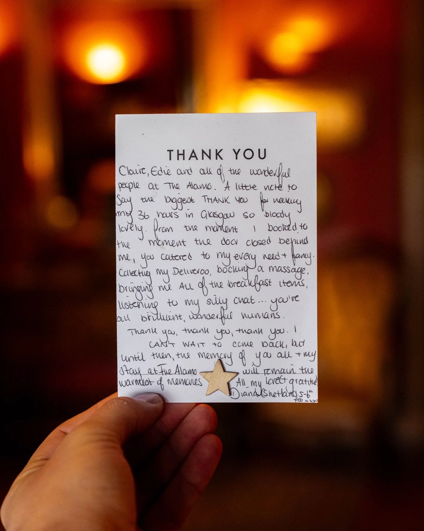 Sometimes it&rsquo;s the little things.

Thanks so much to Diana for sending us such a thoughtful thank you card. Our guests really are the best. 

Can&rsquo;t wait to welcome you again for another visit. 

#thealamoguesthouse #boutiquehotel #glasgow