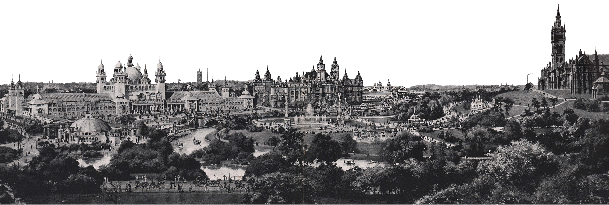 A historic black-and-white illustration of Glasgow with grand buildings, towers, domes, and a fountain, surrounded by trees and a river with boats.
