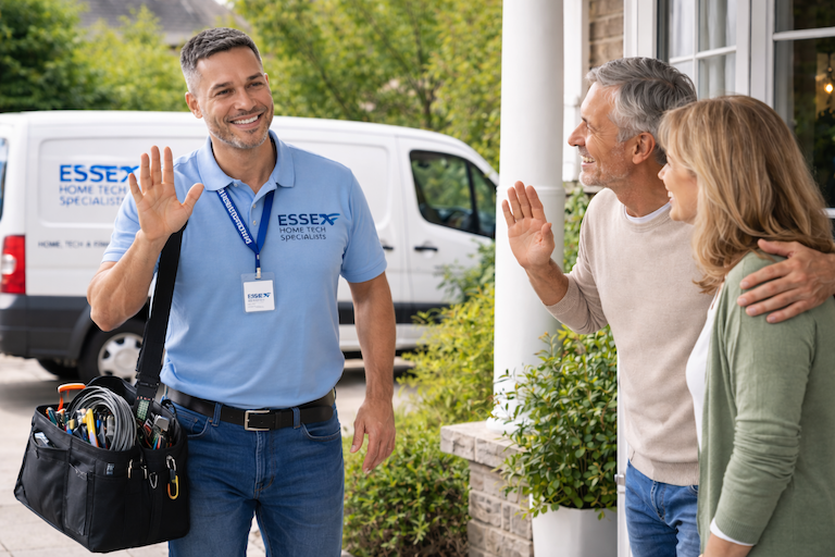A technician from Essex Home Tech Specialists greeting an older couple on their porch.