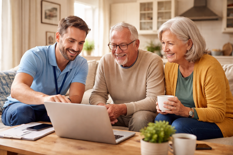 Three people, a young man and an older man and woman, sitting together on a couch, smiling and looking at a laptop screen in a cozy living room.