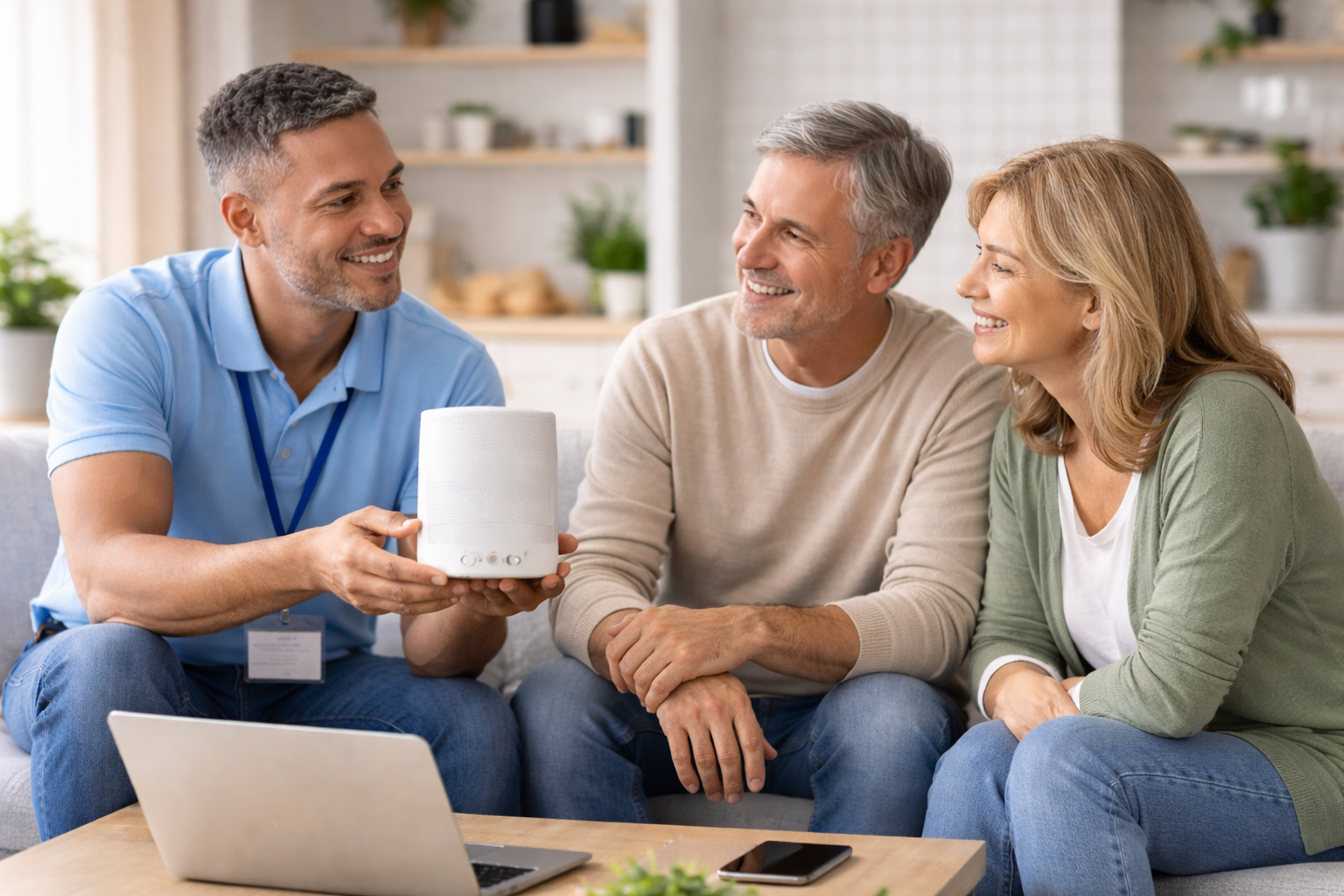 A man demonstrates a smart speaker to a smiling middle-aged couple in a cozy living room.