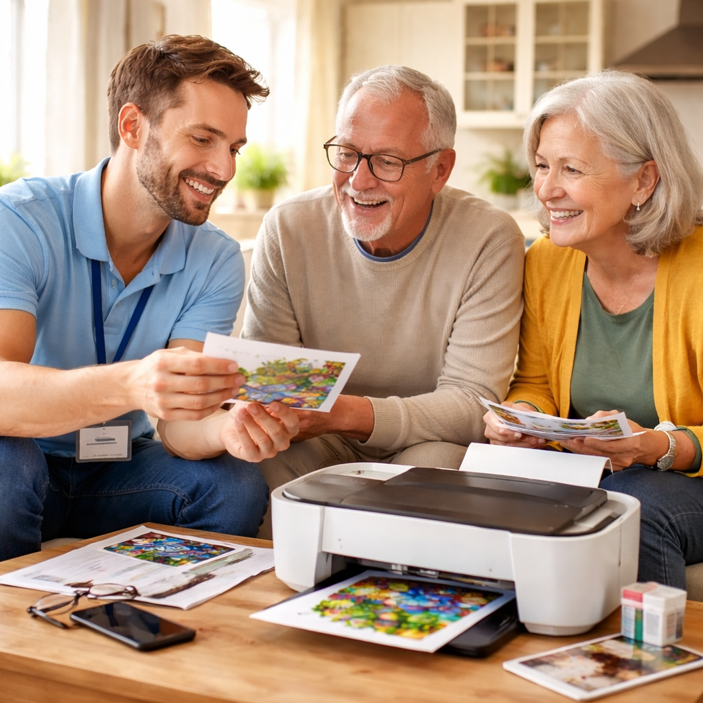 Three generations of a family sitting together, smiling, as they look at printed photos and scan documents using a printer in a bright, cozy kitchen.