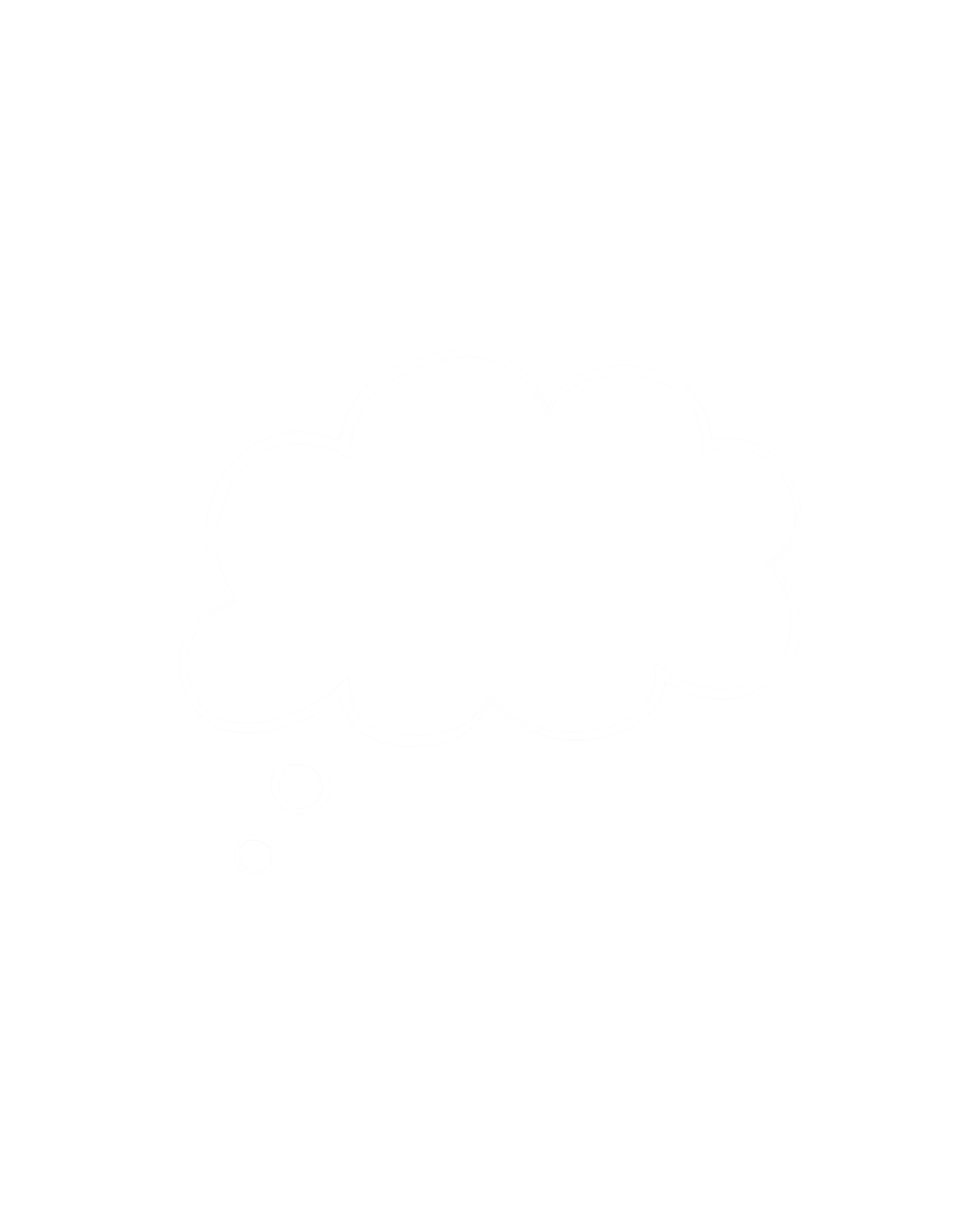 Black background with a white outlined thought bubble.