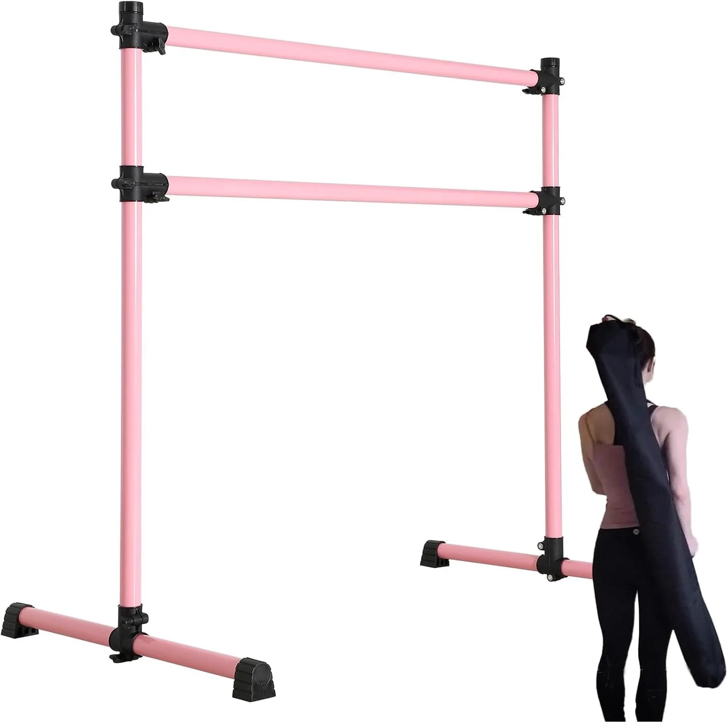 A pink ballet barre with a woman carrying a ballet barre bag standing nearby.