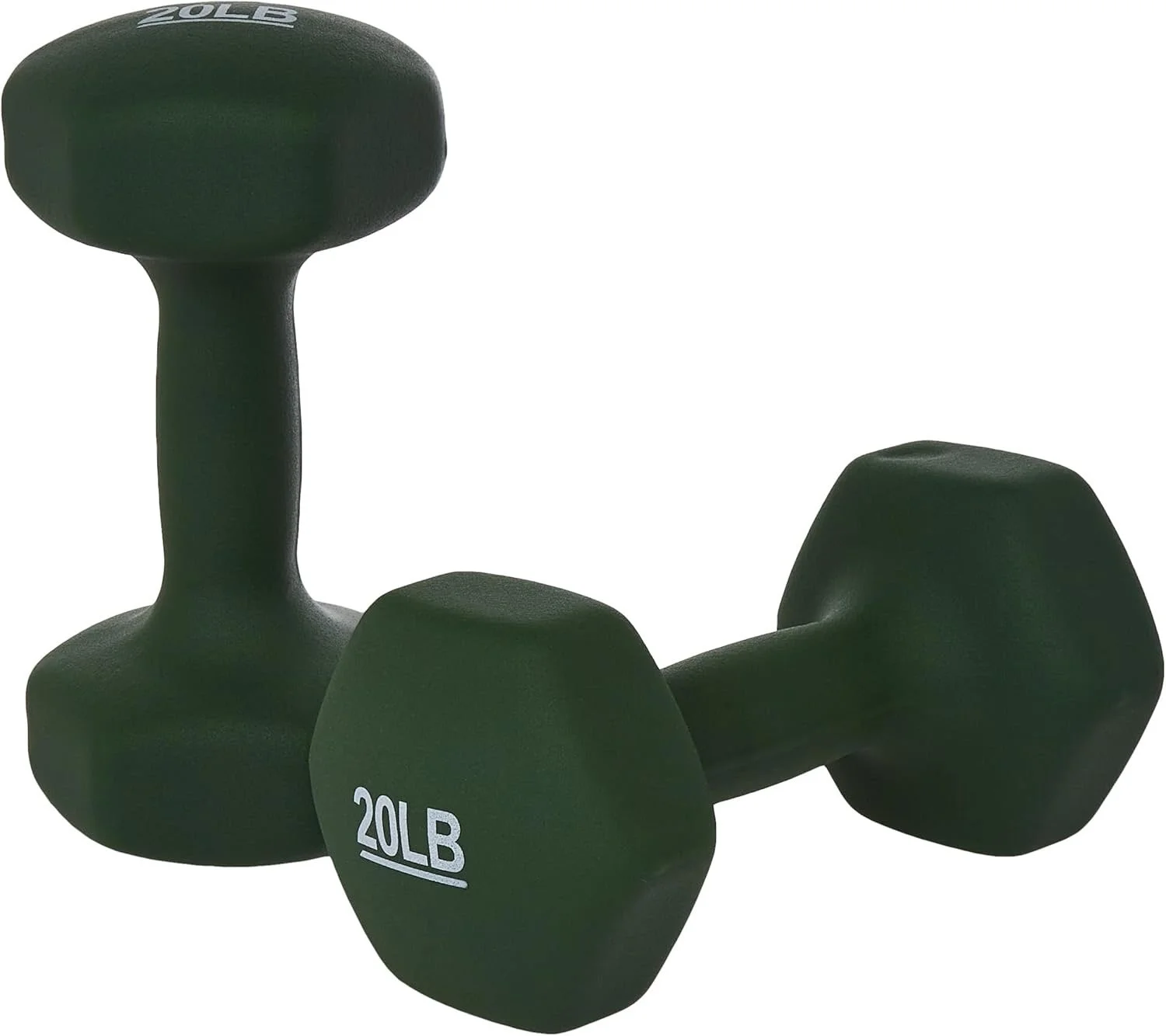 A pair of dark green 20-pound dumbbells.