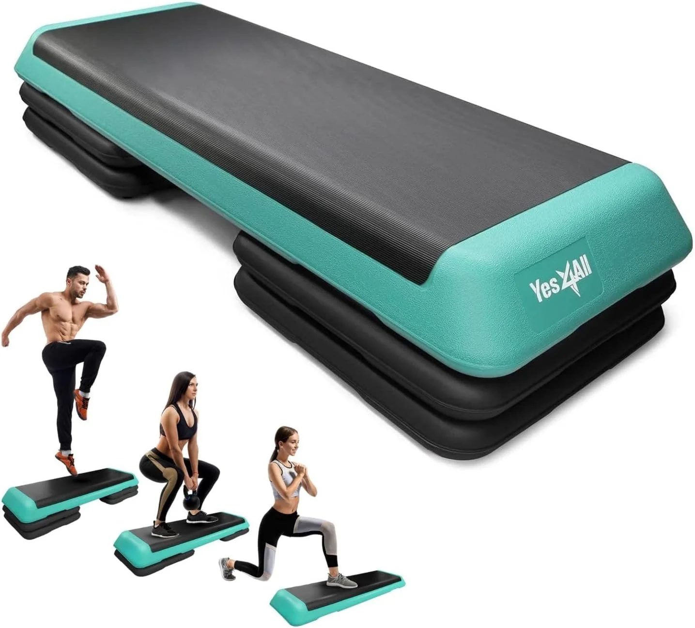 Exercise rebounder with three people performing different workouts on smaller platforms in front of it.