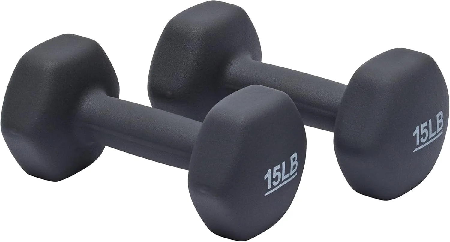 Two black 15-pound dumbbells placed parallel on a white background.