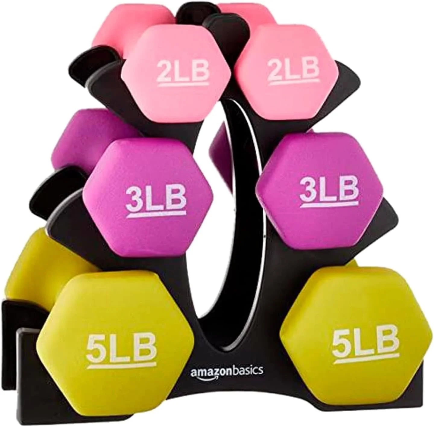 Colorful hexagonal dumbbells in pink, purple, and yellow with weights labeled 2LB, 3LB, and 5LB on a black stand.