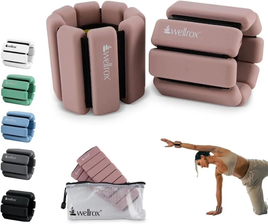 A woman doing a yoga pose on one arm with resistance bands and portable foot massagers in various colors, including pink, green, blue, black, and white, along with a clear carrying pouch for the resistance bands.