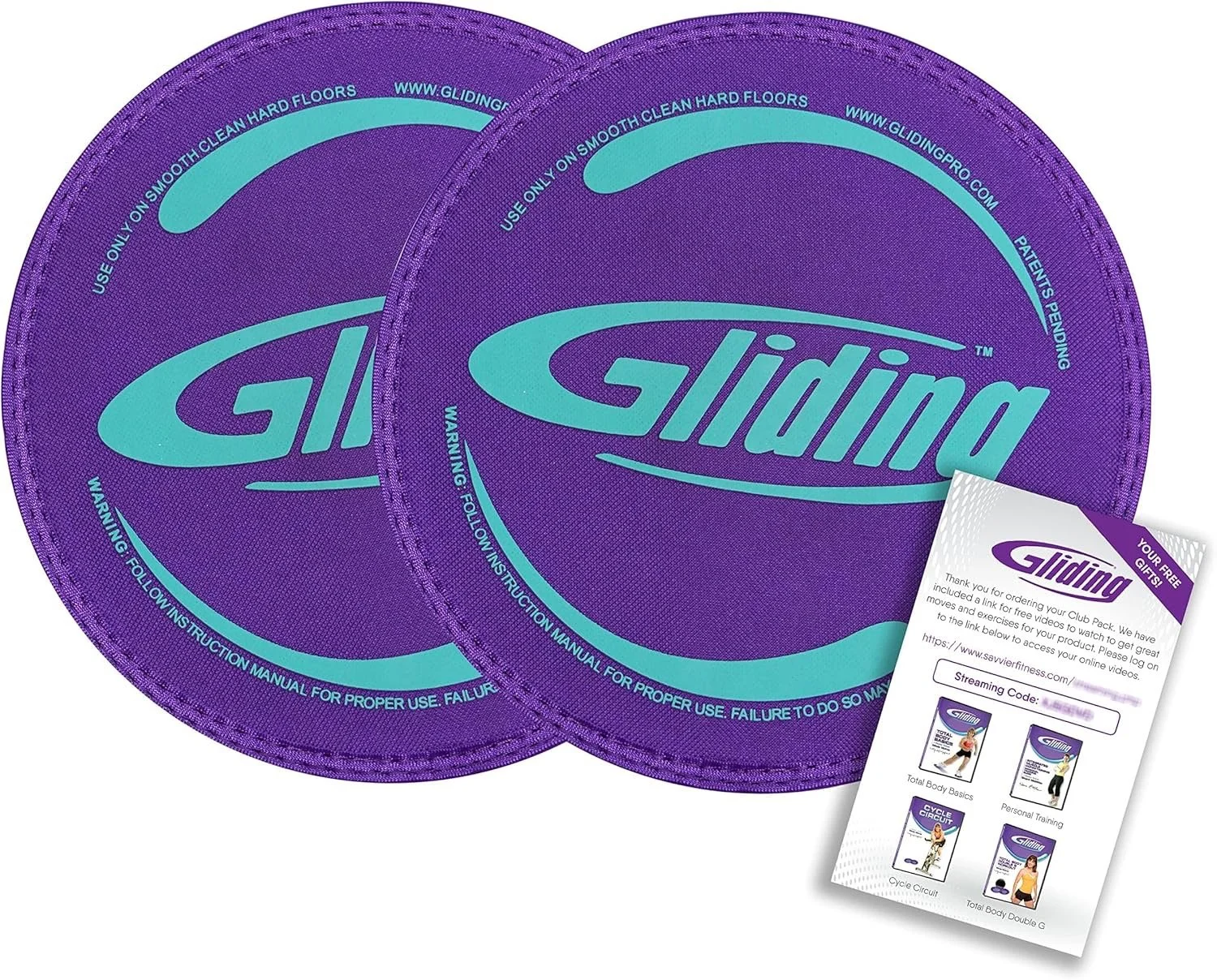 Two purple Glide exercise sliders with teal logo, and a small white instruction and codes card, used for fitness workouts.