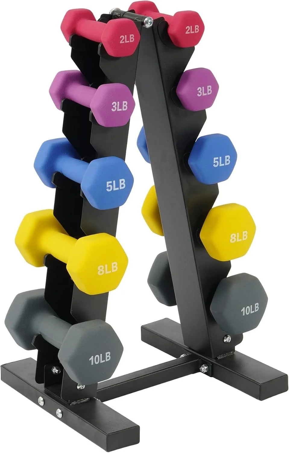 Colorful dumbbells of varying weights arranged on a black rack.