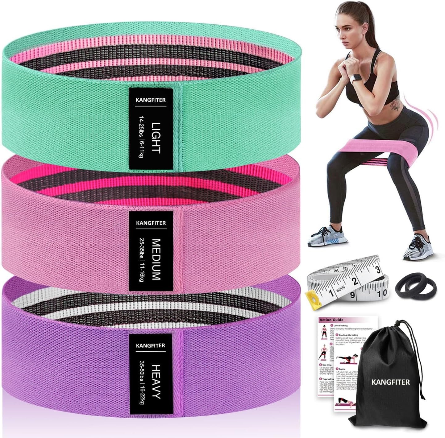 Three resistance bands labeled light, medium, and heavy with a young woman demonstrating squat exercises using the medium band. Accessories include a tape measure, black resistance band, instruction leaflet, and storage bag.