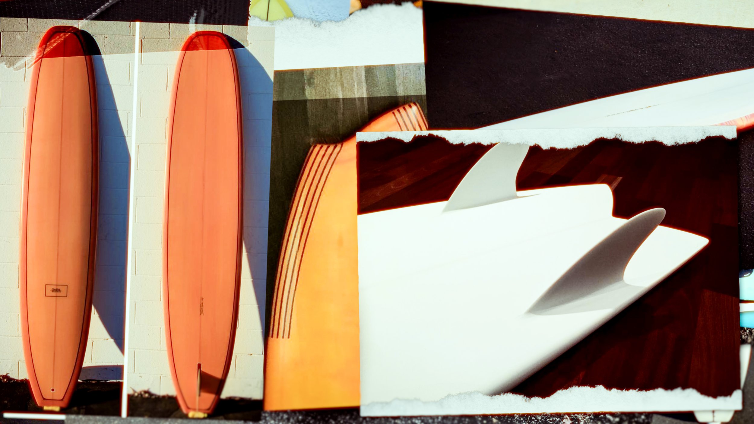 Collage of surfboards, including two upright on a white wall, and artistic close-ups of surfboard fins on a wooden floor.
