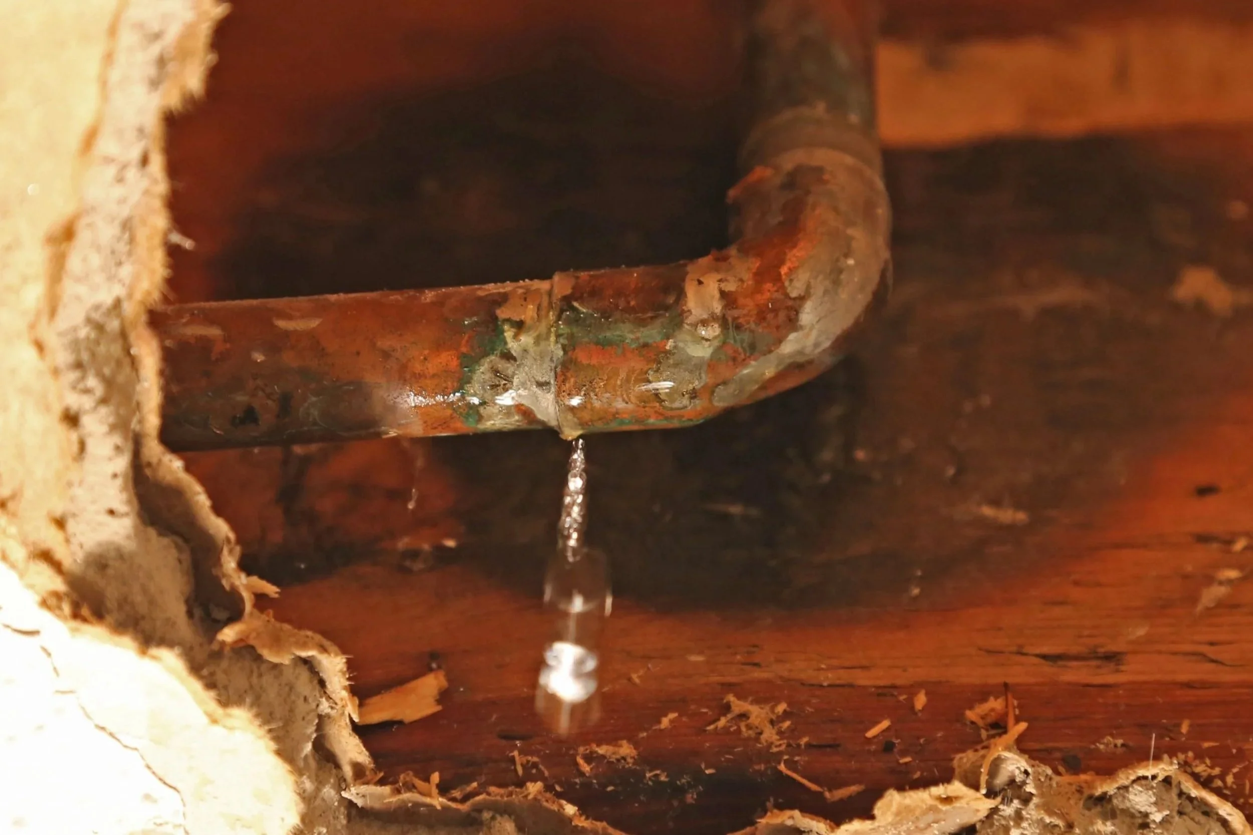 Leaking rusty copper pipe inside a wall with peeling drywall.