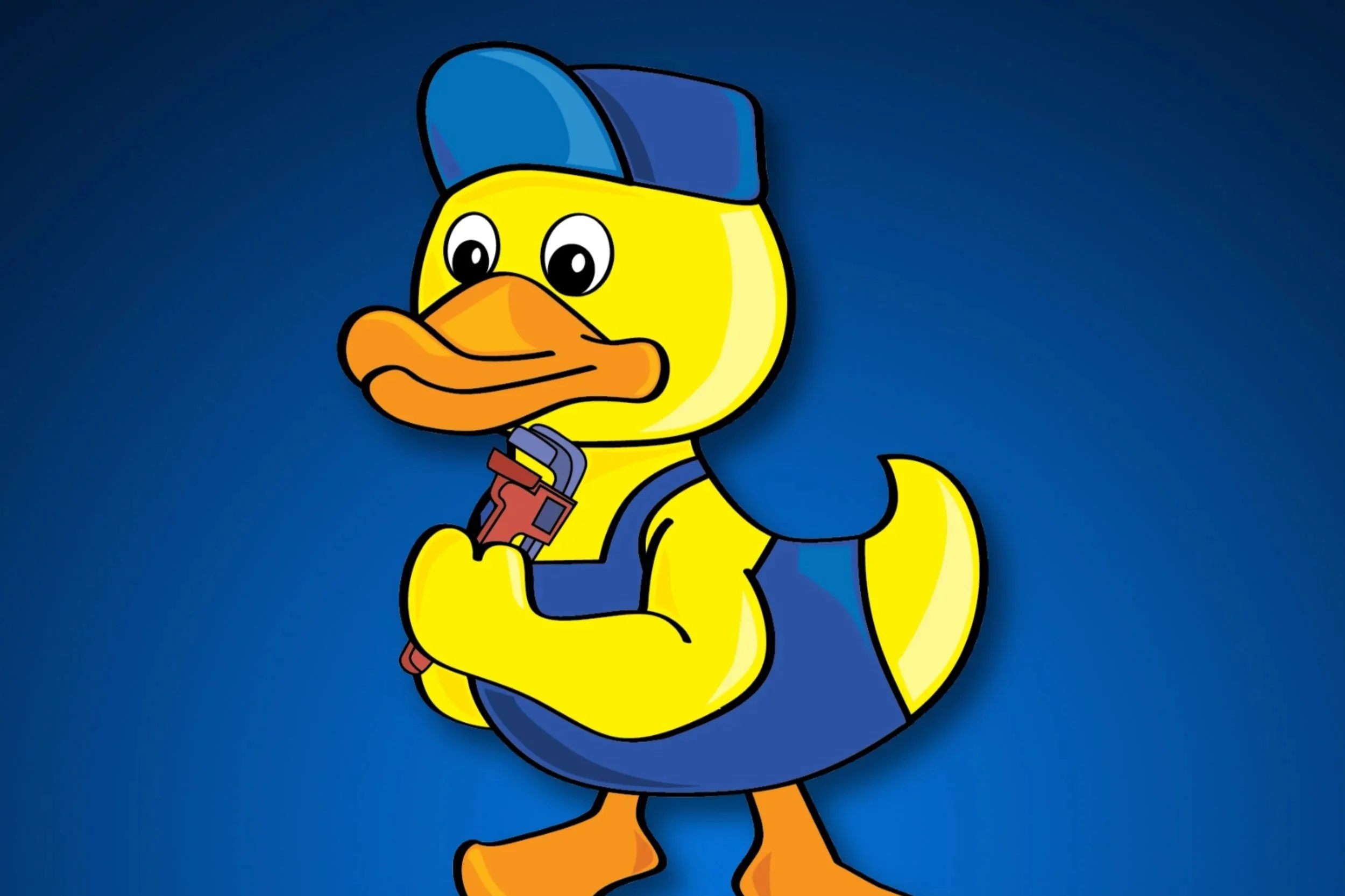 Cartoon duck dressed as a handyman, wearing a blue cap and vest, holding a wrench, against a dark blue background.
